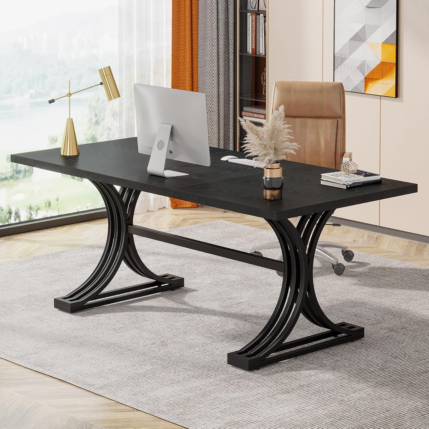 63" Computer Desk with Faux Marble Surface and Gold Metal Base, Modern Executive Desk