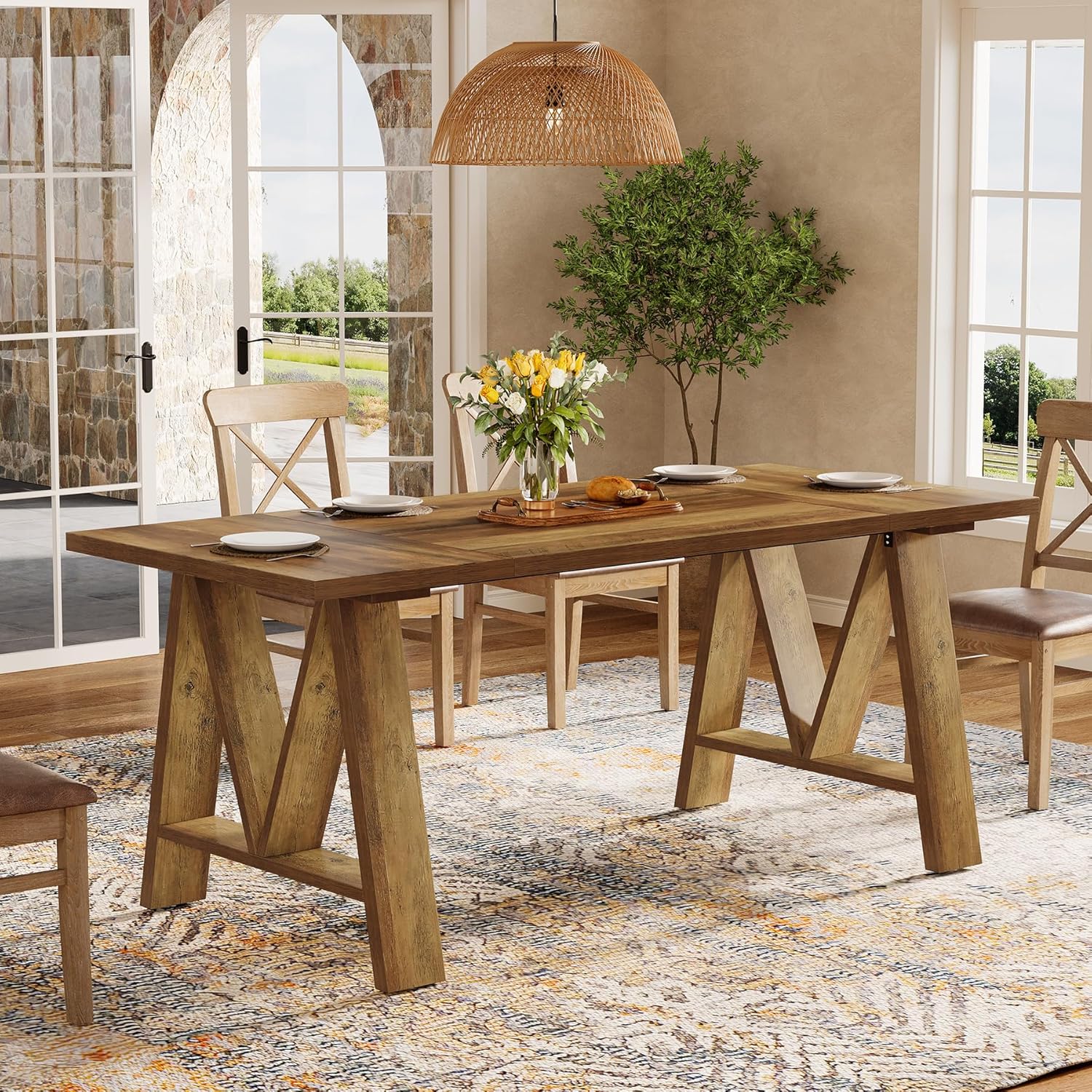 63" Dining Table, Rectangular Wooden Kitchen Table for 4-6