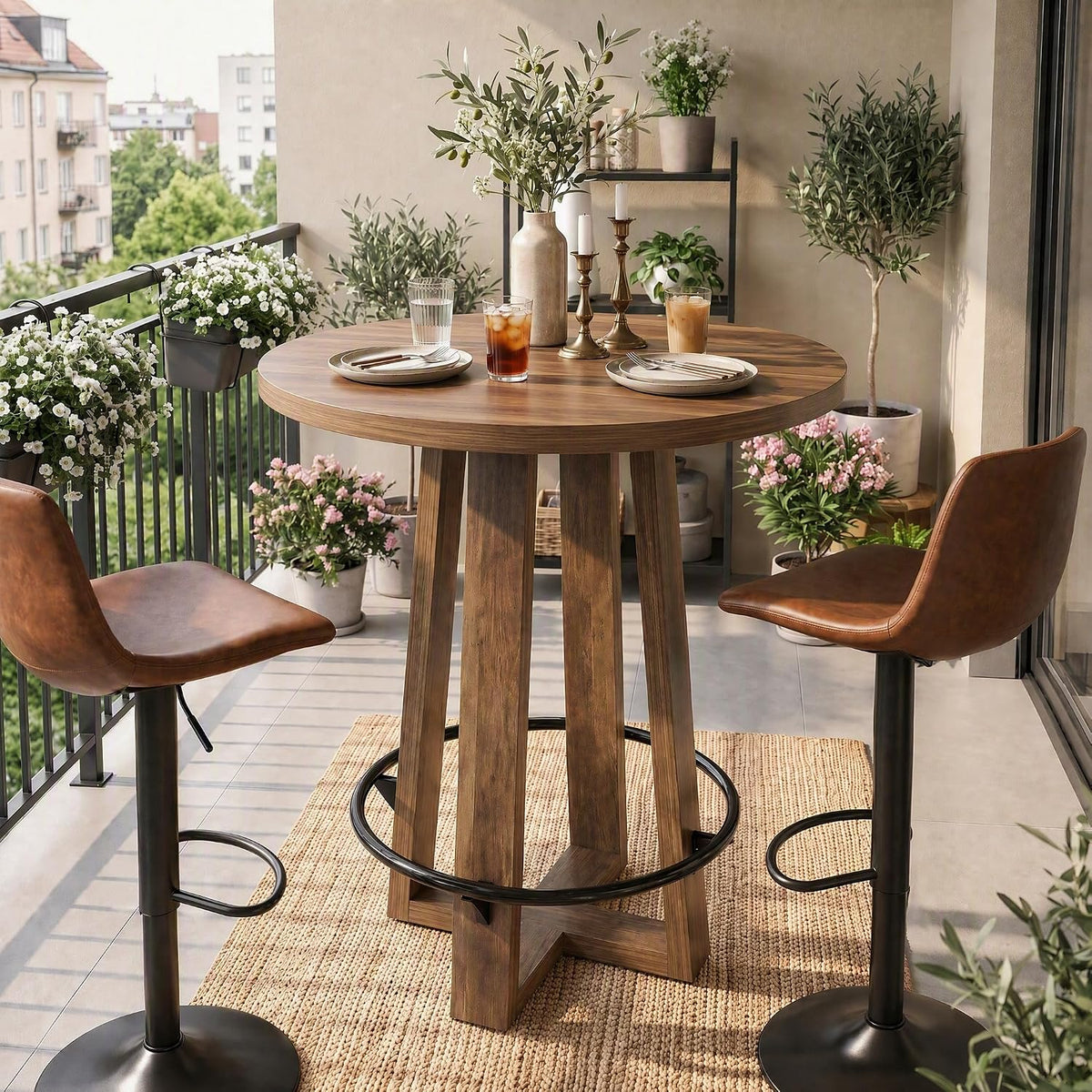 39"H Round Bar Table with Metal Footrest, Bar Height High Top Pub Table, Home Bar Kitchen