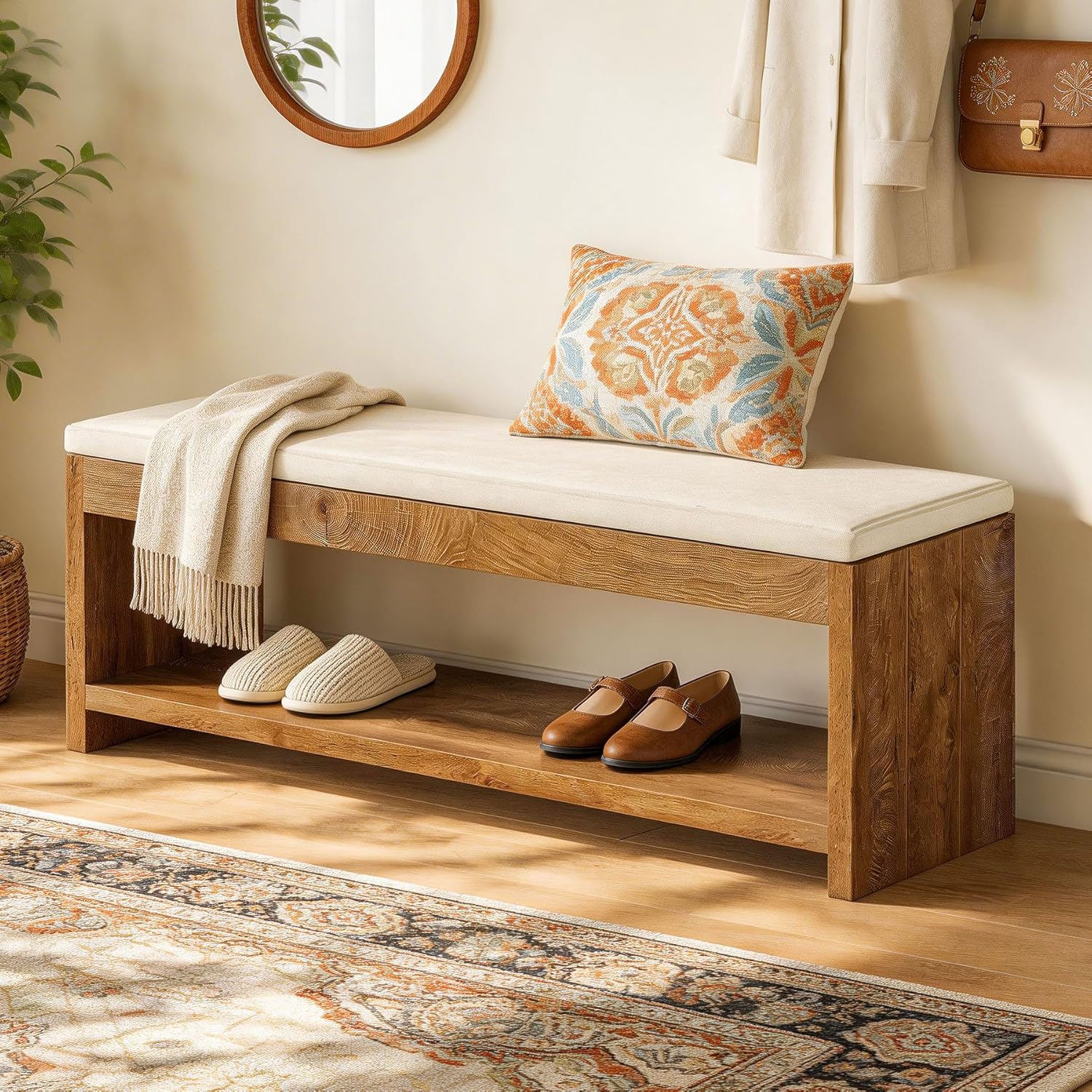55" Entryway Bench, Wooden Shoe Bench with Cushion and Shoe Rack