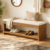 55" Entryway Bench, Wooden Shoe Bench with Cushion and Shoe Rack 3