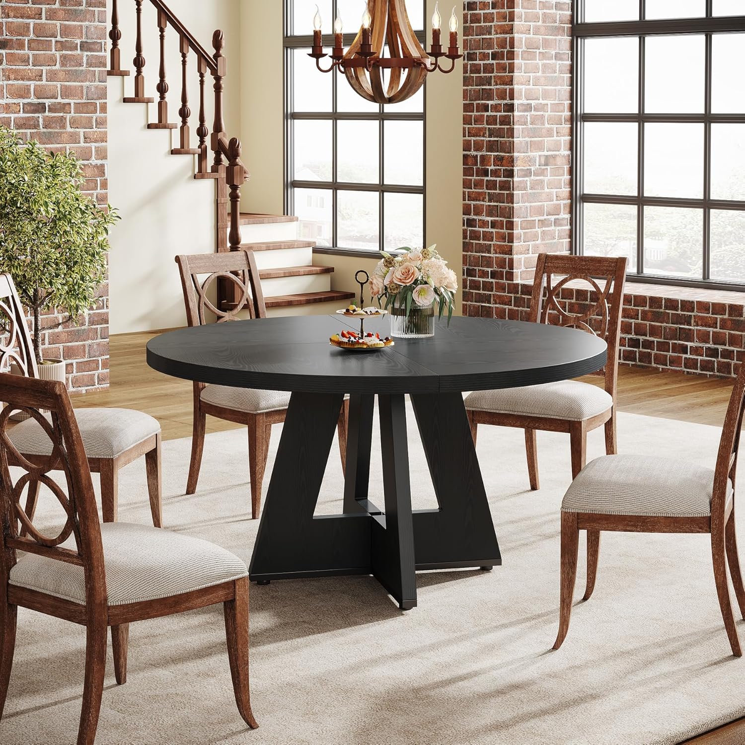 47-Inch Round Farmhouse Dining Table for 4–6 with Cross-Style Pedestal Base