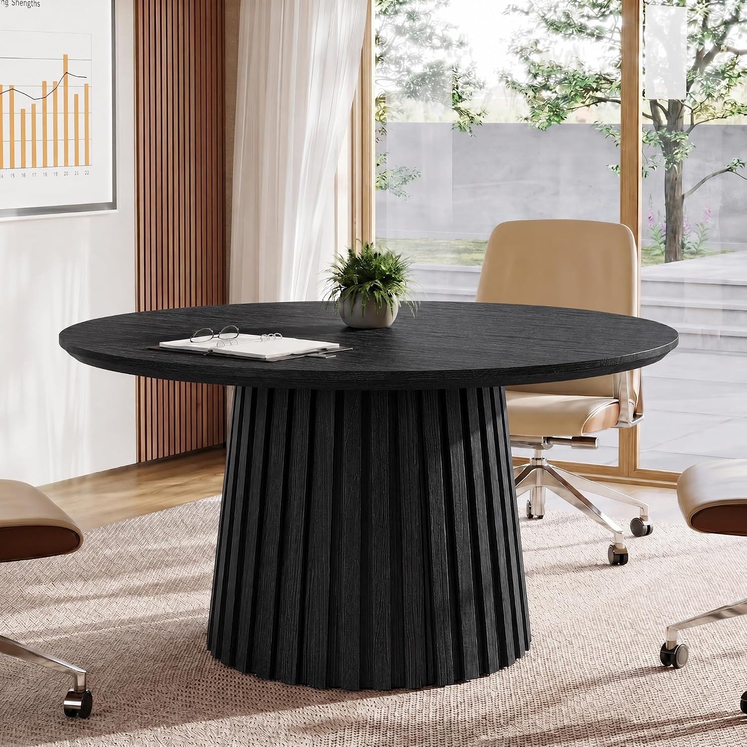 Solid Wood Round Conference Table for 4-6 People, Fluted Base Meeting Table for Office