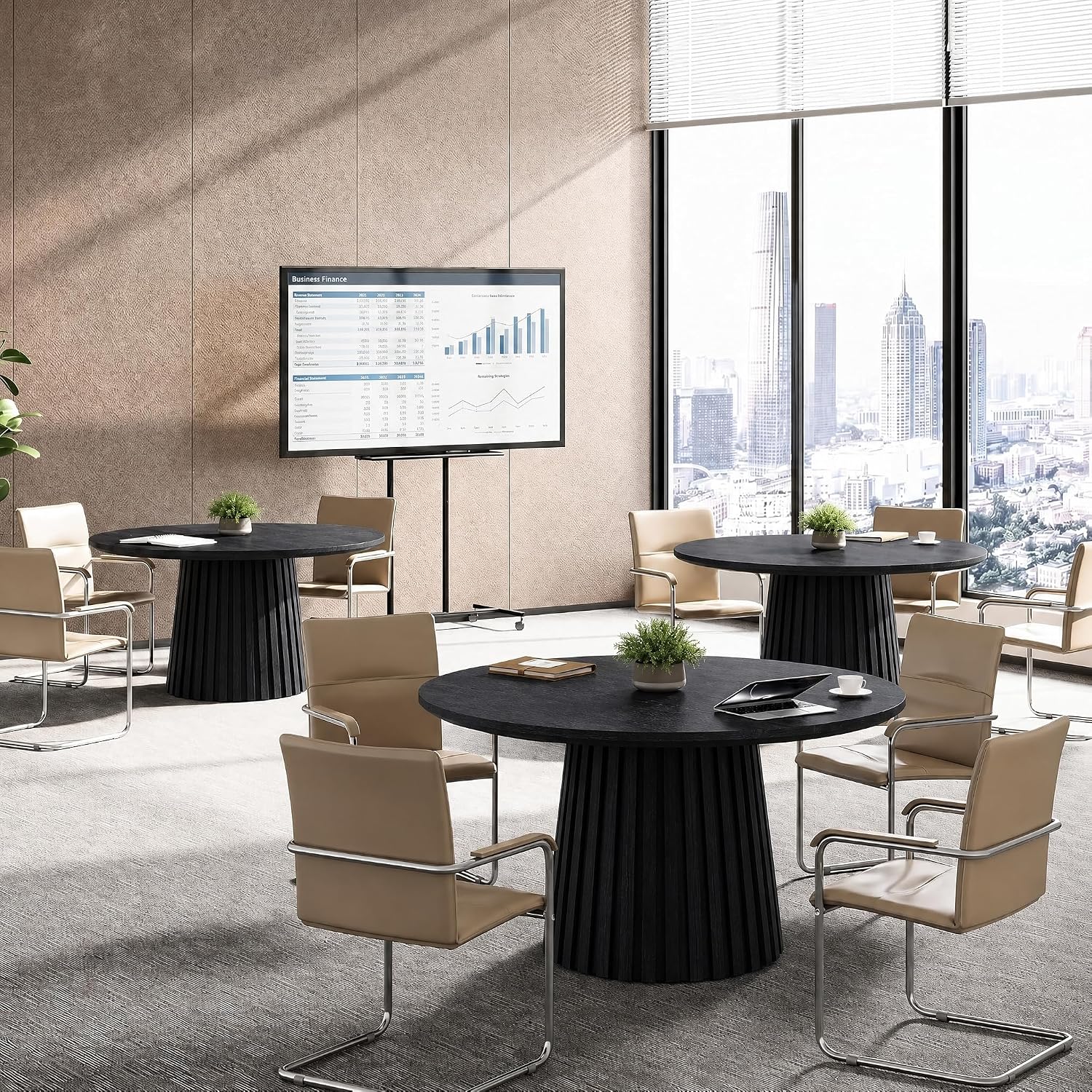 Solid Wood Round Conference Table for 4-6 People, Fluted Base Meeting Table for Office