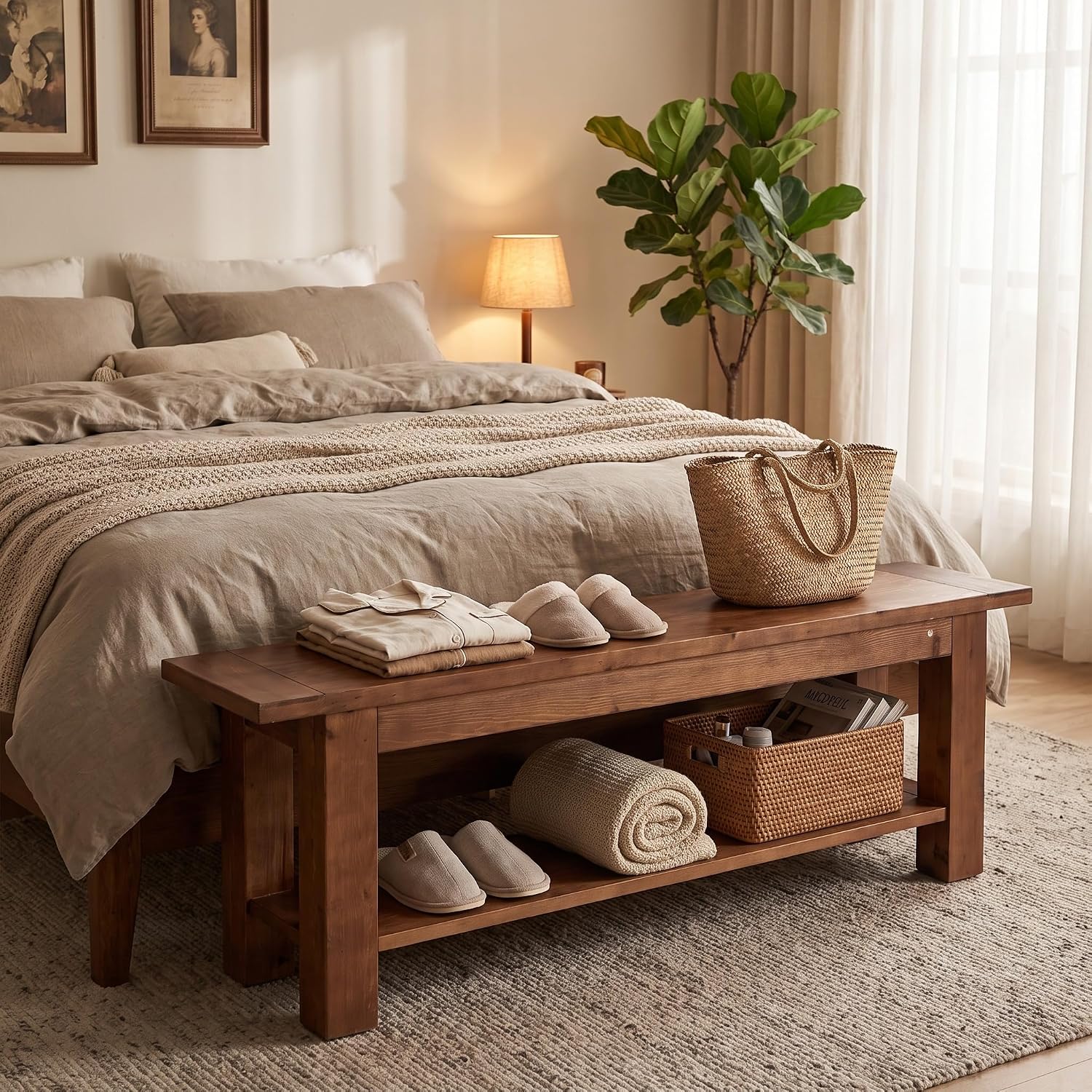 71" Extra Long Entryway Bench with Shoe Storage, Rustic Farmhouse Solid Wood, 2-Tier, Hallway