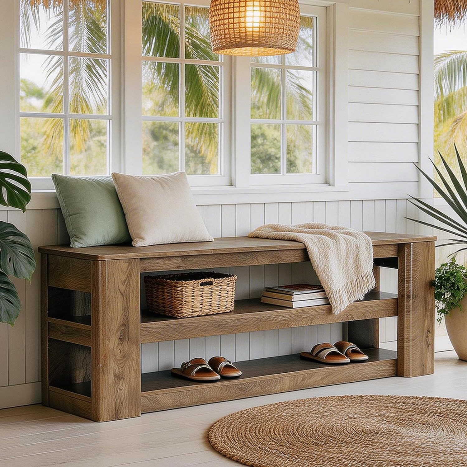 55" Shoe Rack Bench, 3-Tier Entryway Storage Bench Seat for Entrance