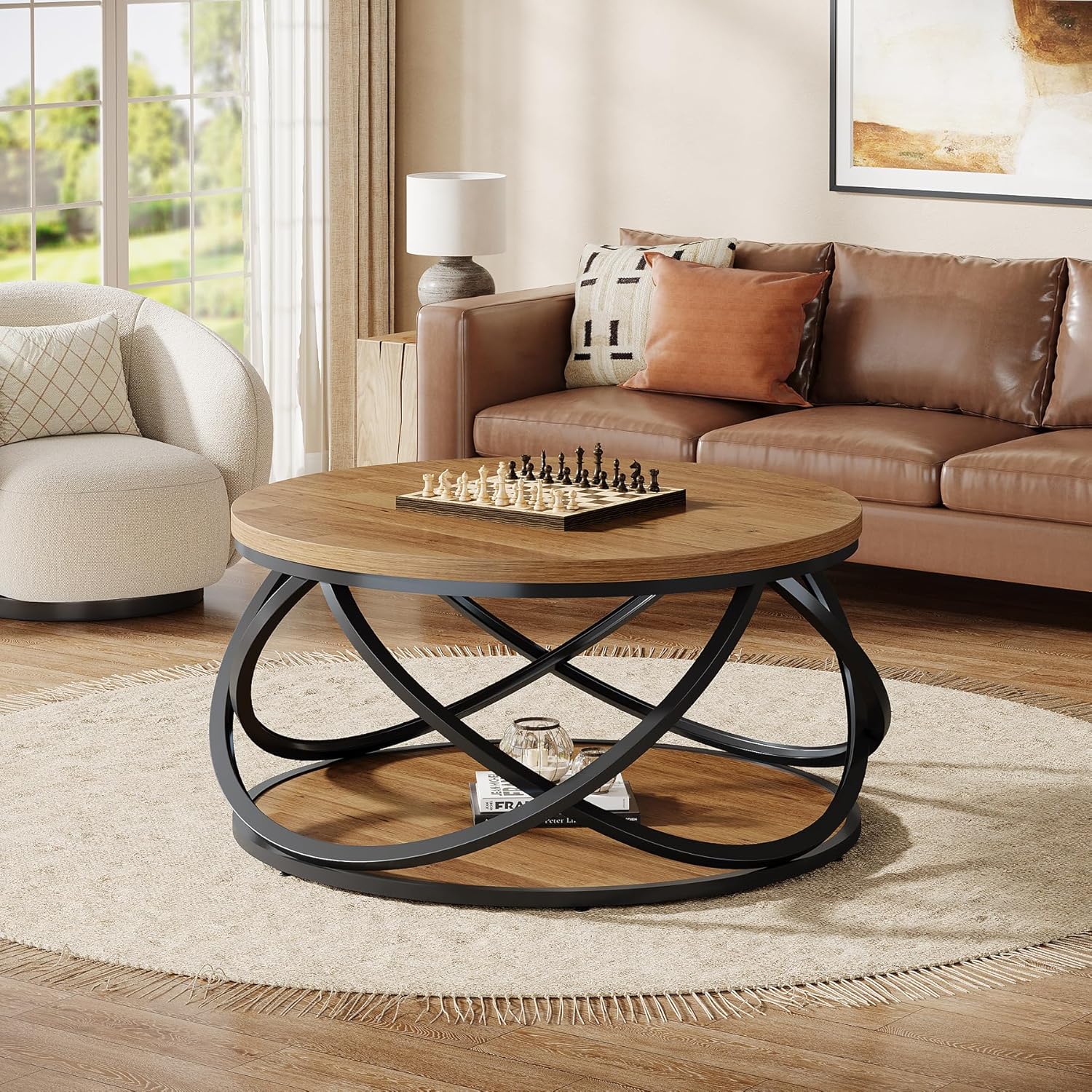 Round Coffee Table, 2-Tier Circle Center Table with Storage Shelves