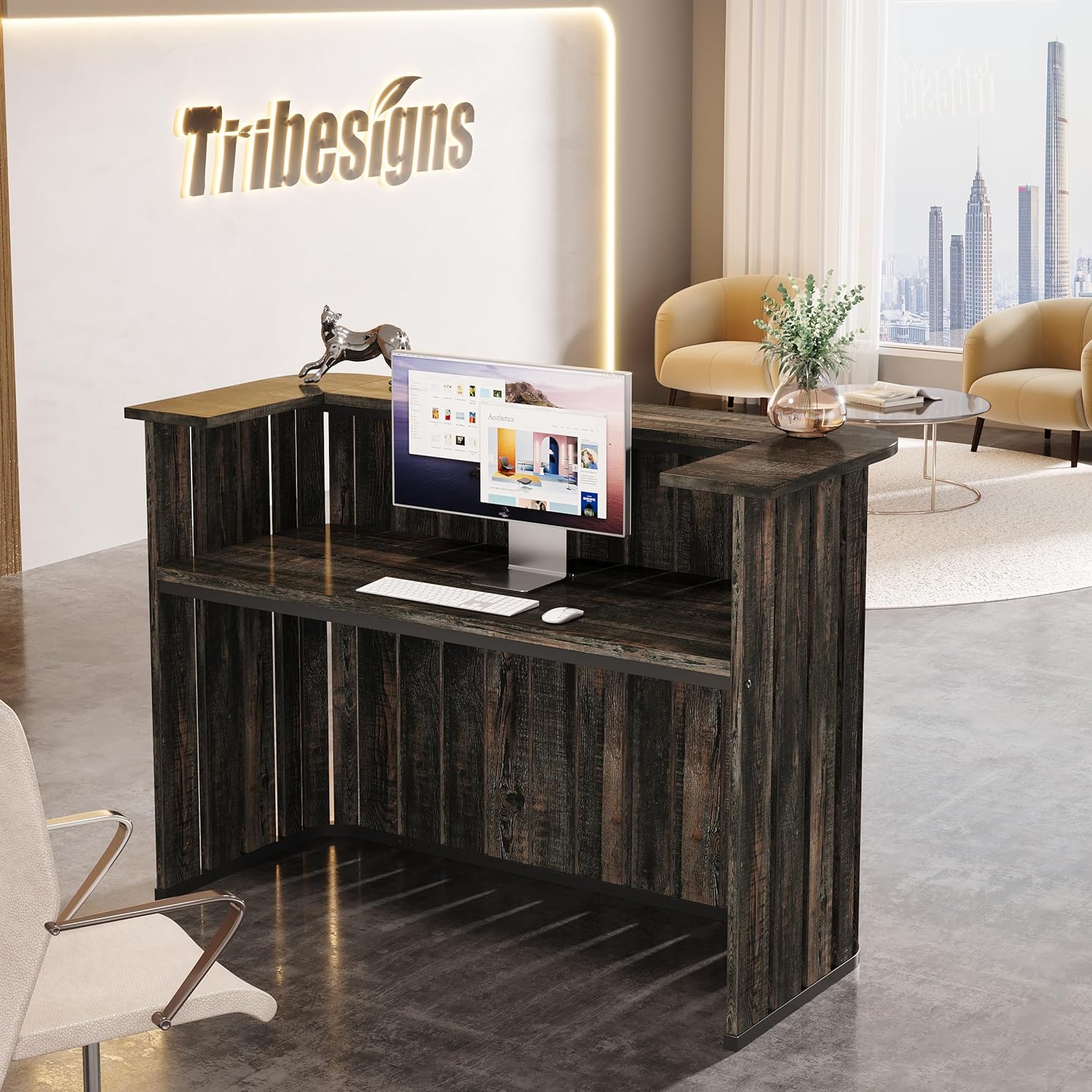 63" Reception Desk, U-Shaped Front Desk with Counter