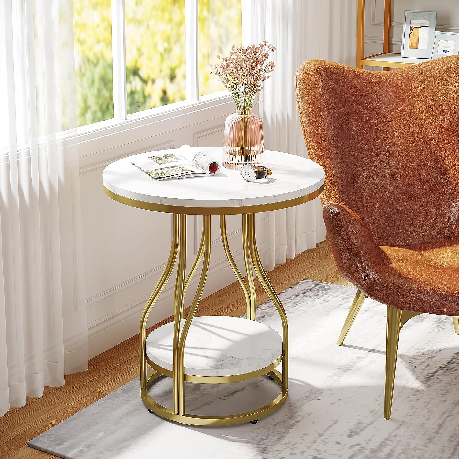 2-Tier Side Table, Small Round End Table with Metal Frame-Tribesigns