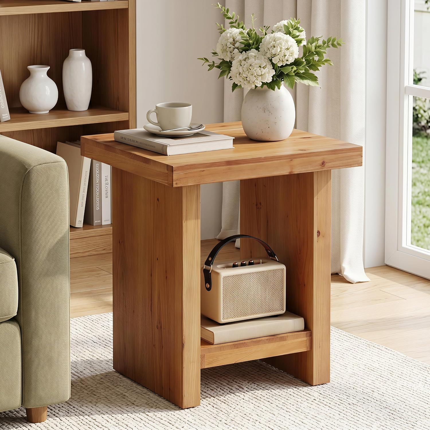 19.6" Solid Wood End Table, Farmhouse Side Table Nightstand with Open Storage