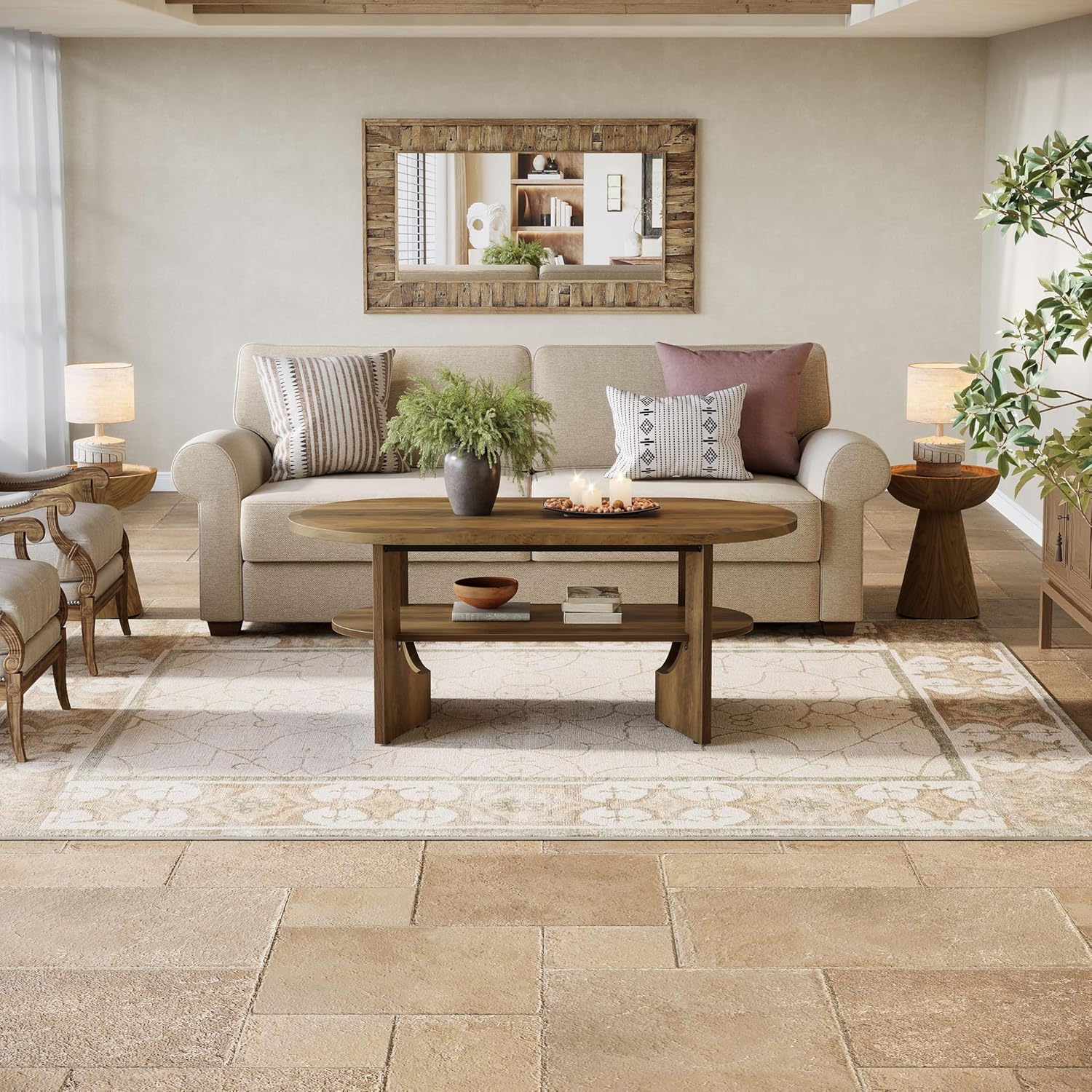 47.2" Coffee Table, Wooden Oval Center Table with 2 Tiers of Shelves