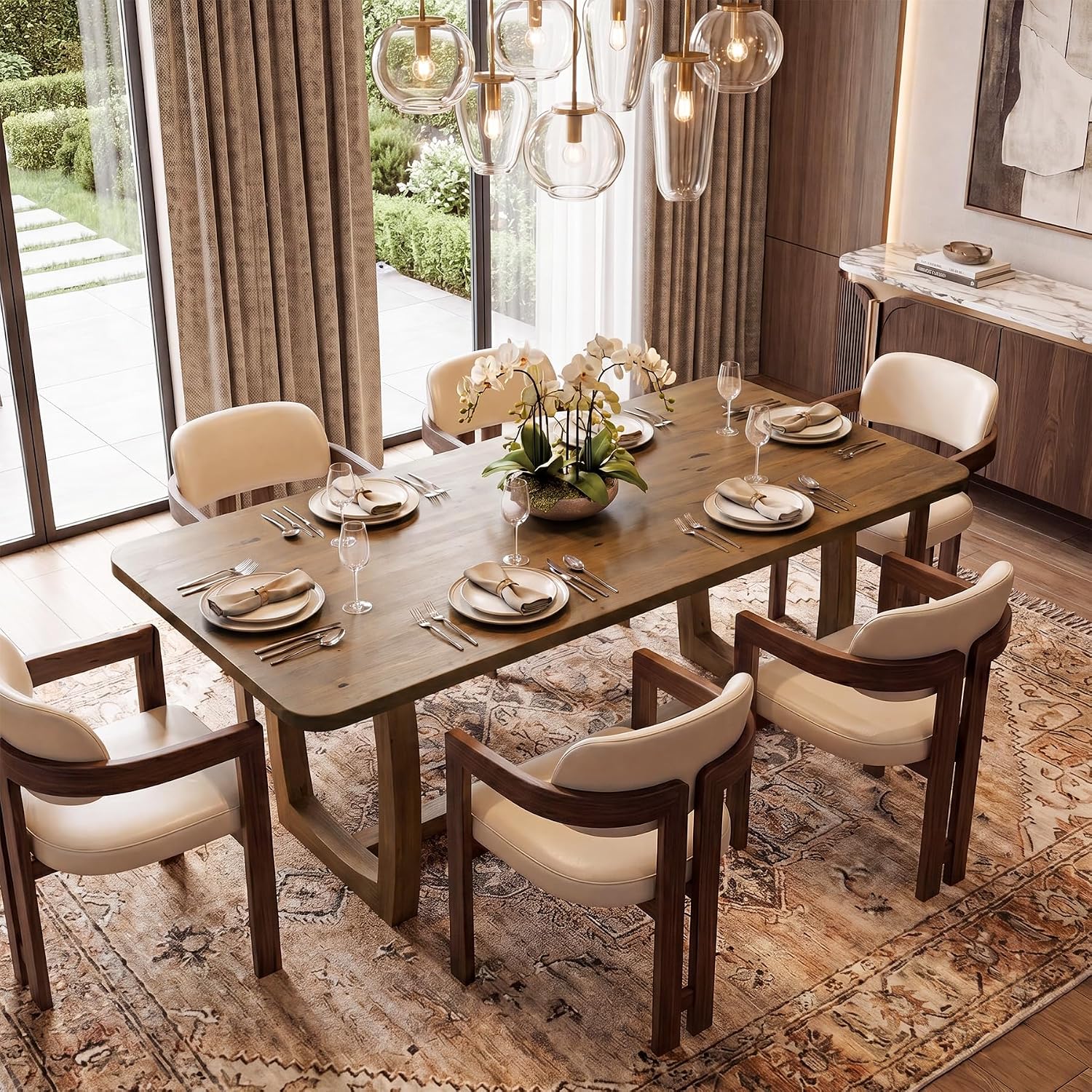 63" Solid Wood Dining Table, Farmhouse Rectangle Kitchen Table with U-Shaped Trestle Base