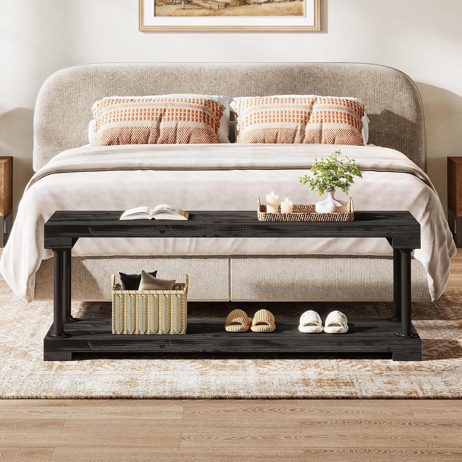 Tribesigns 63" Solid Wood Entryway Bench, Industrial Storage Bench with Shelf