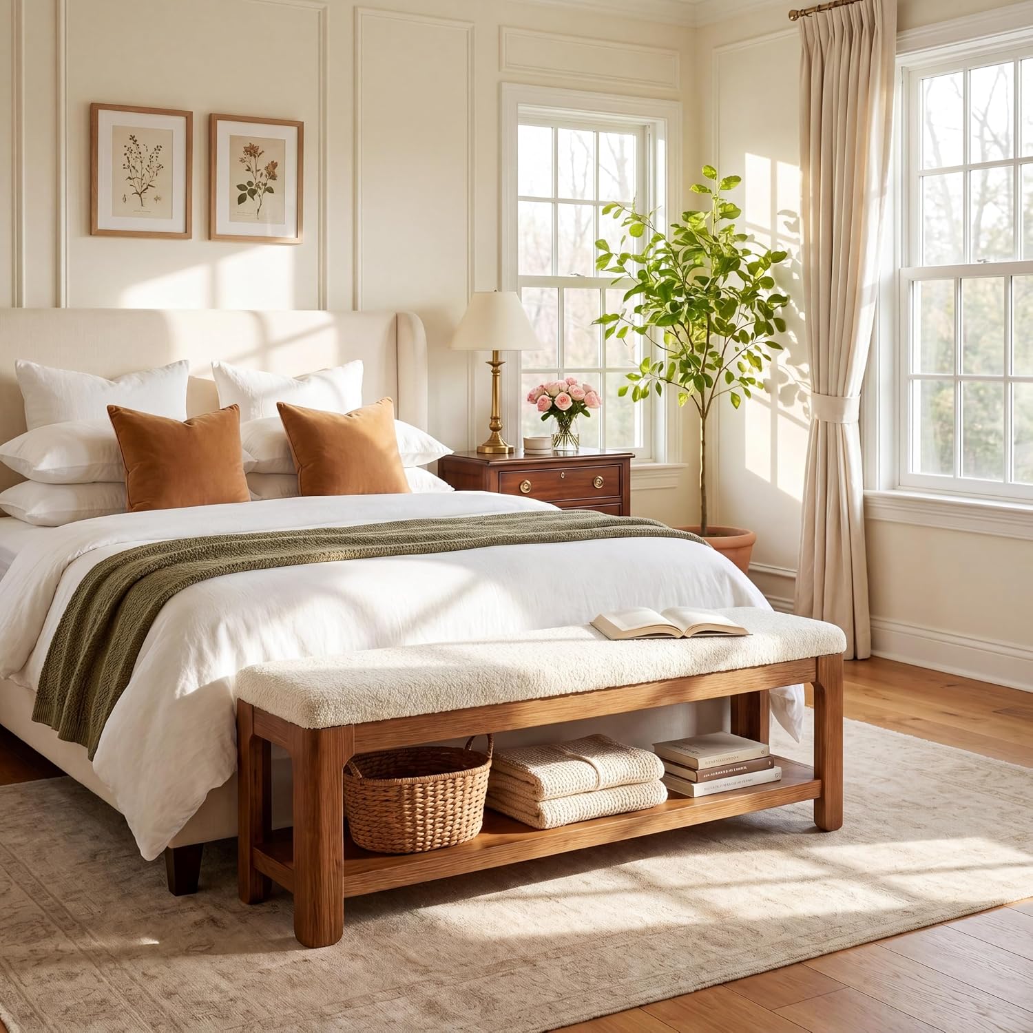 55" Solid Wood Dining Bench, Farmhouse Upholstered Bench with 2-Tier Storage Shelf