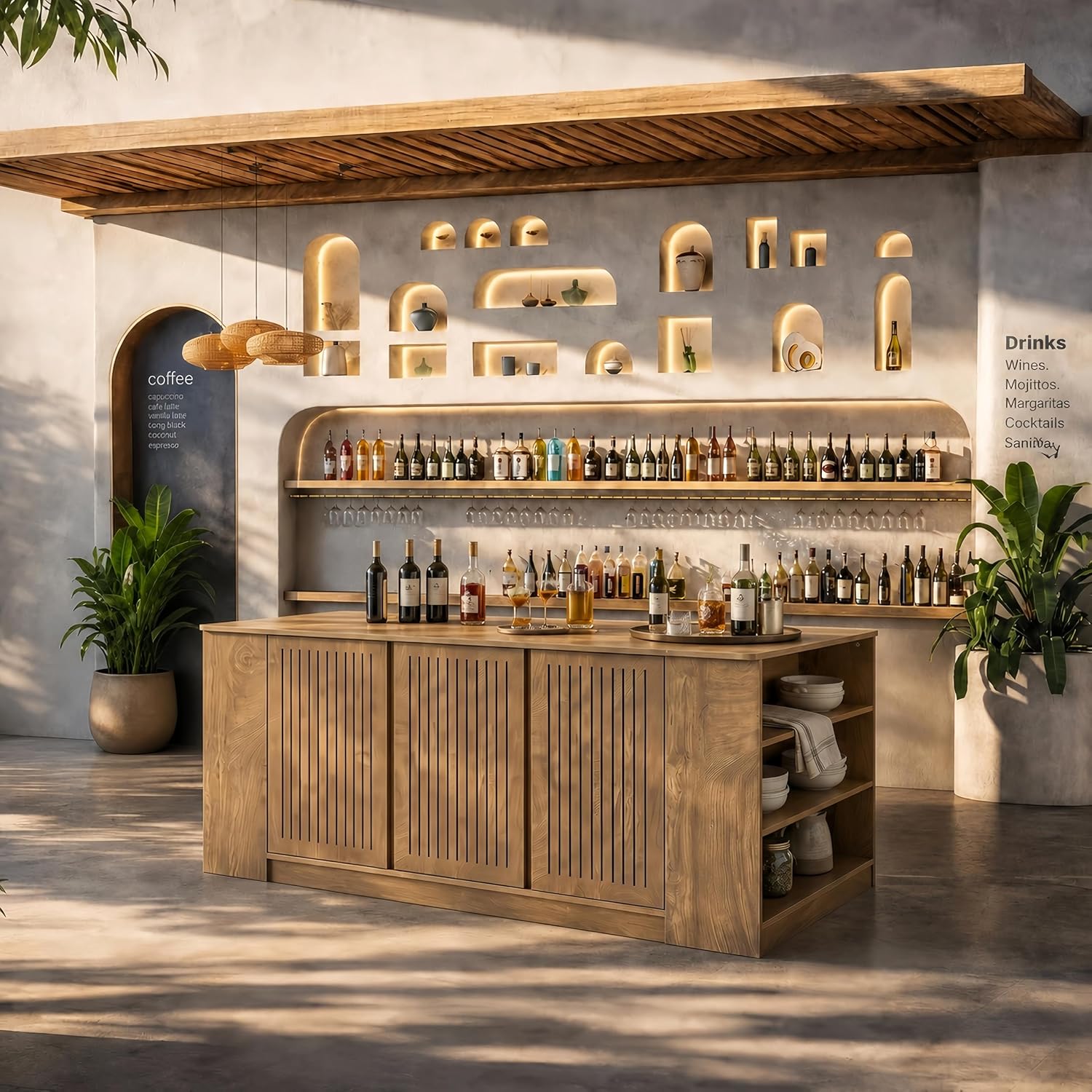 71" Bar Table, Farmhouse Counter Height Pub Table with Slatted Cabinet & 6 Open Shelves