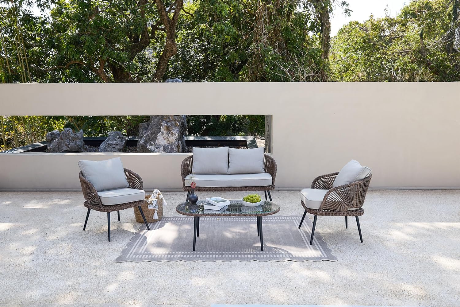 4-Piece Rattan Outdoor Patio Furniture Set with Removable Cushions and Coffee Table