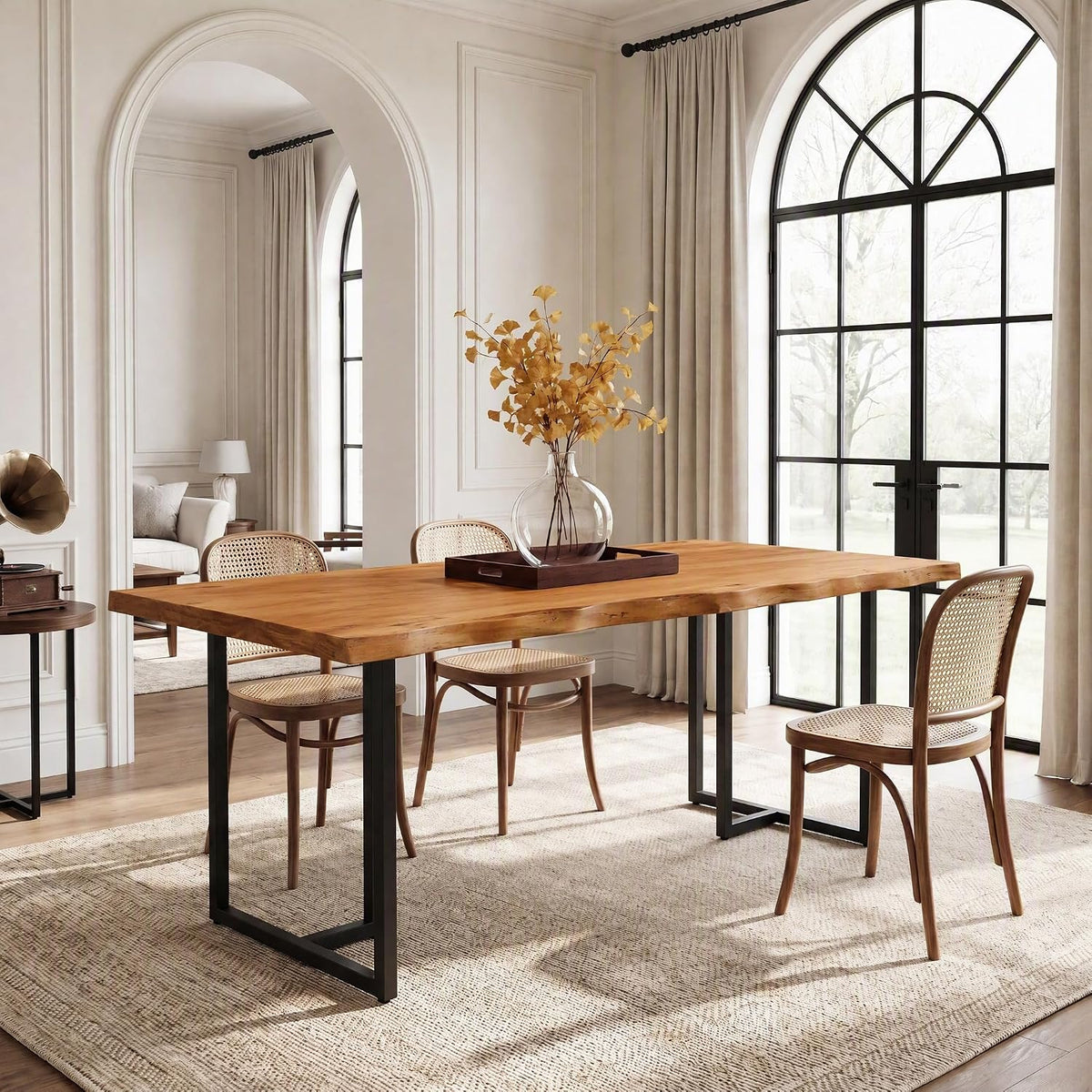 63" Solid Wood Dining Table, Rectangular Kitchen Table with Live-Edge Inspired Top for 4–6
