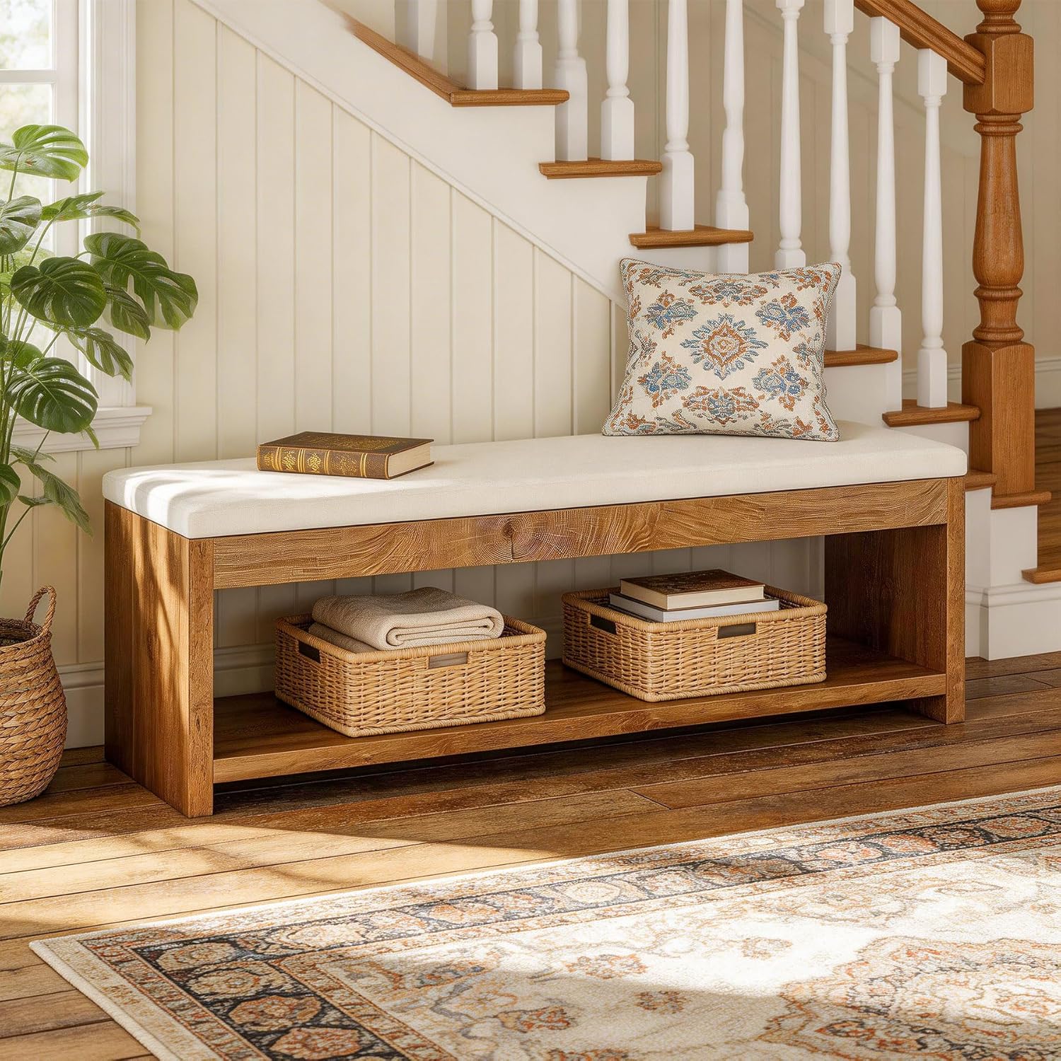 55" Entryway Bench, Wooden Shoe Bench with Cushion and Shoe Rack