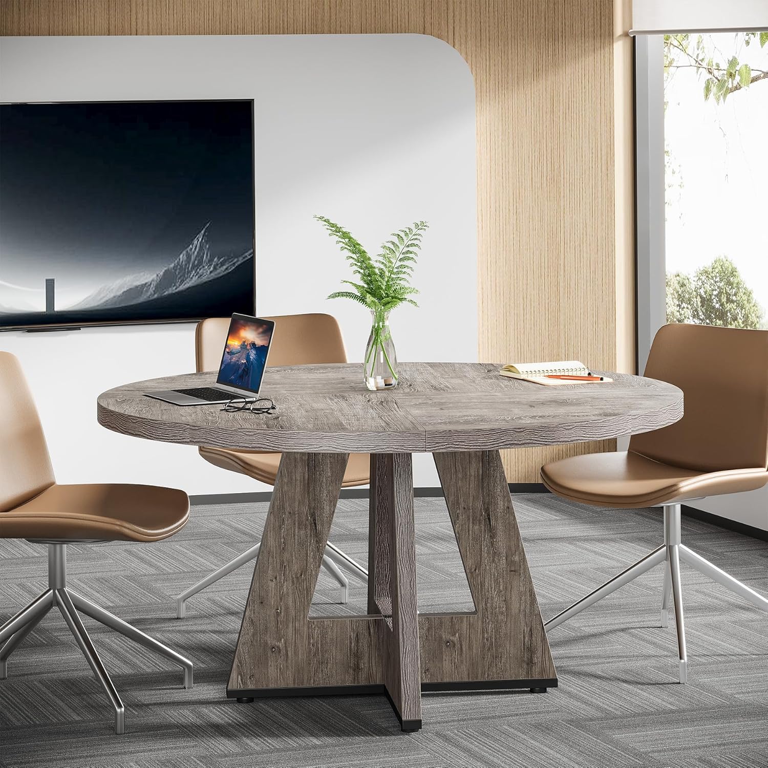 Tribesigns 47-Inch Round Conference Table for 4-6 People, Wooden Base and Thickened Top