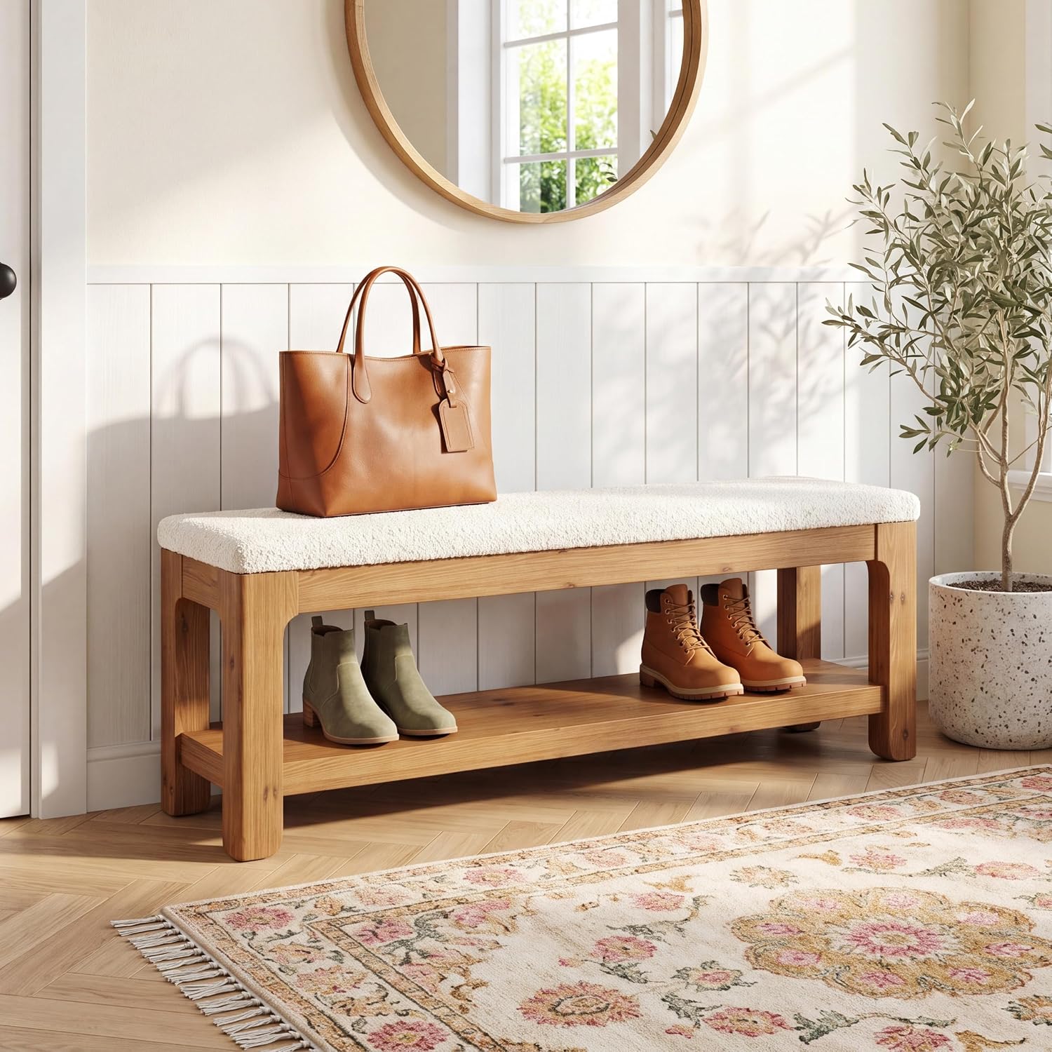 55" Solid Wood Dining Bench, Farmhouse Upholstered Bench with 2-Tier Storage Shelf