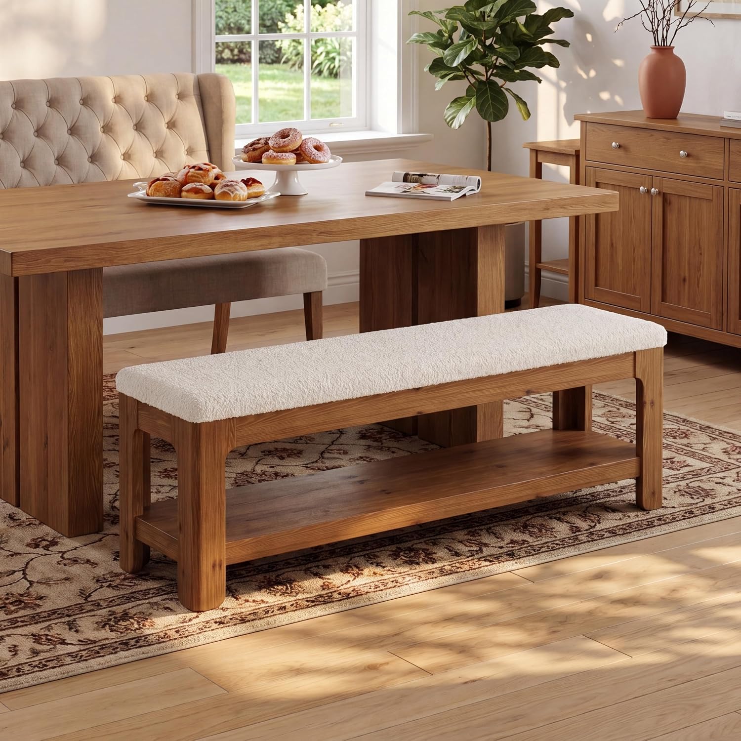 55" Solid Wood Dining Bench, Farmhouse Upholstered Bench with 2-Tier Storage Shelf