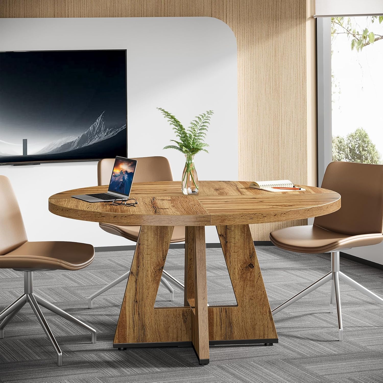 Tribesigns 47-Inch Round Conference Table for 4-6 People, Wooden Base and Thickened Top