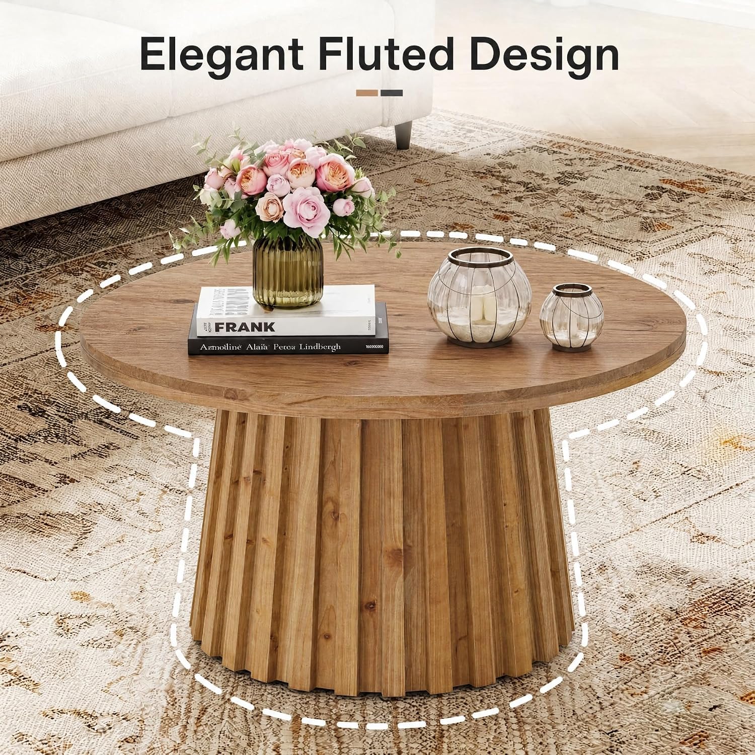 32" Round Fluted Coffee Table, Farmhouse Solid Wood Living Room, Circle Center Tea Table