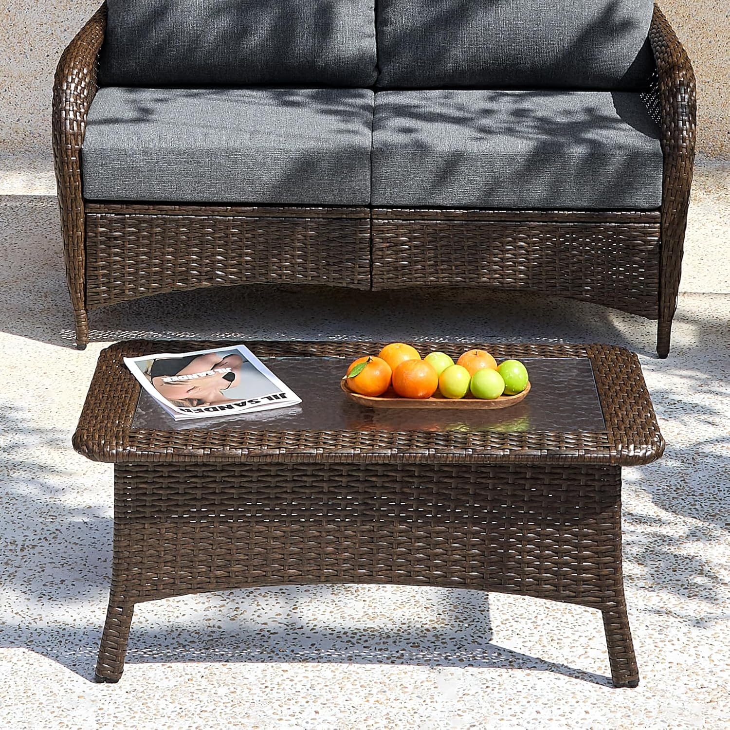 35.4" Outdoor Coffee Table, Rectangular Wicker Center Table With Glass Top