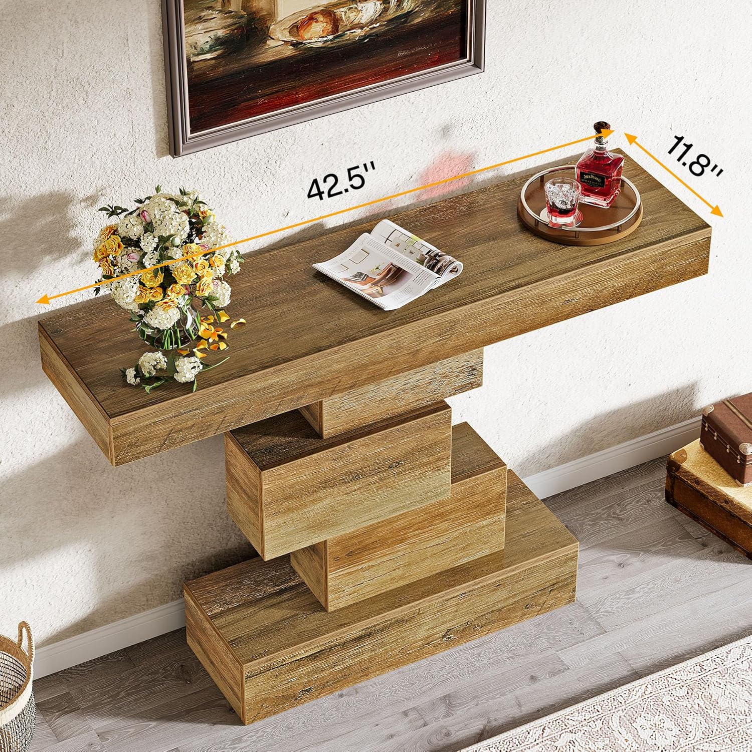 42.5" Rustic Brown Farmhouse Console, Industrial Geometric Sofa Table for Hallway Entrance