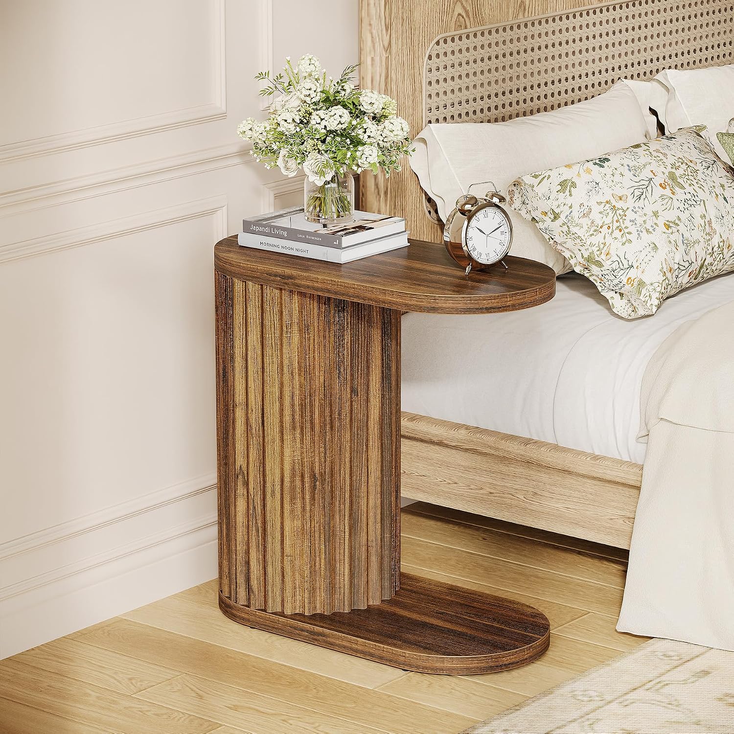 23.62" Fluted C-Shaped End Table with Oval Top, Narrow Side Table for Couch