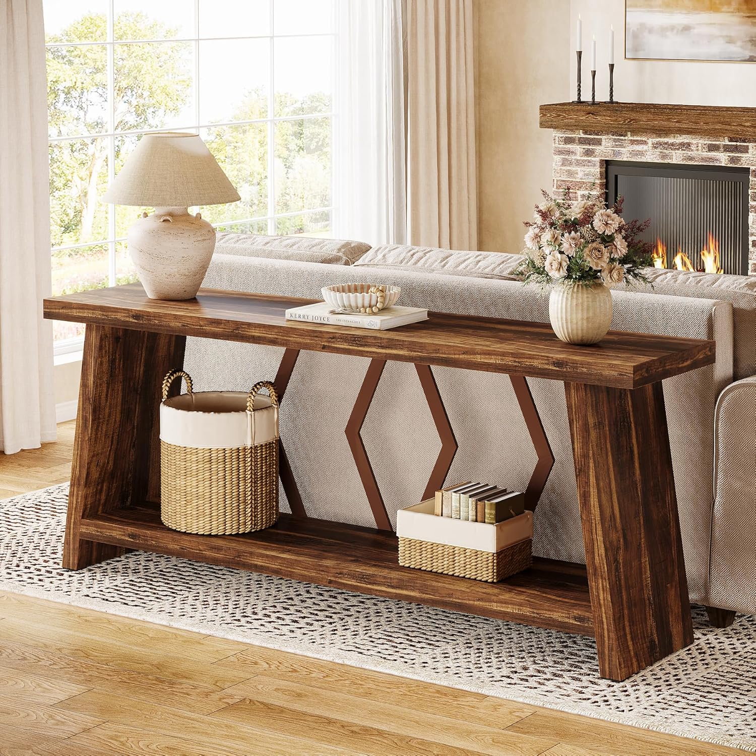 70.86" Extra Long Console Table, 2-Tier Wooden Sofa Table with Storage