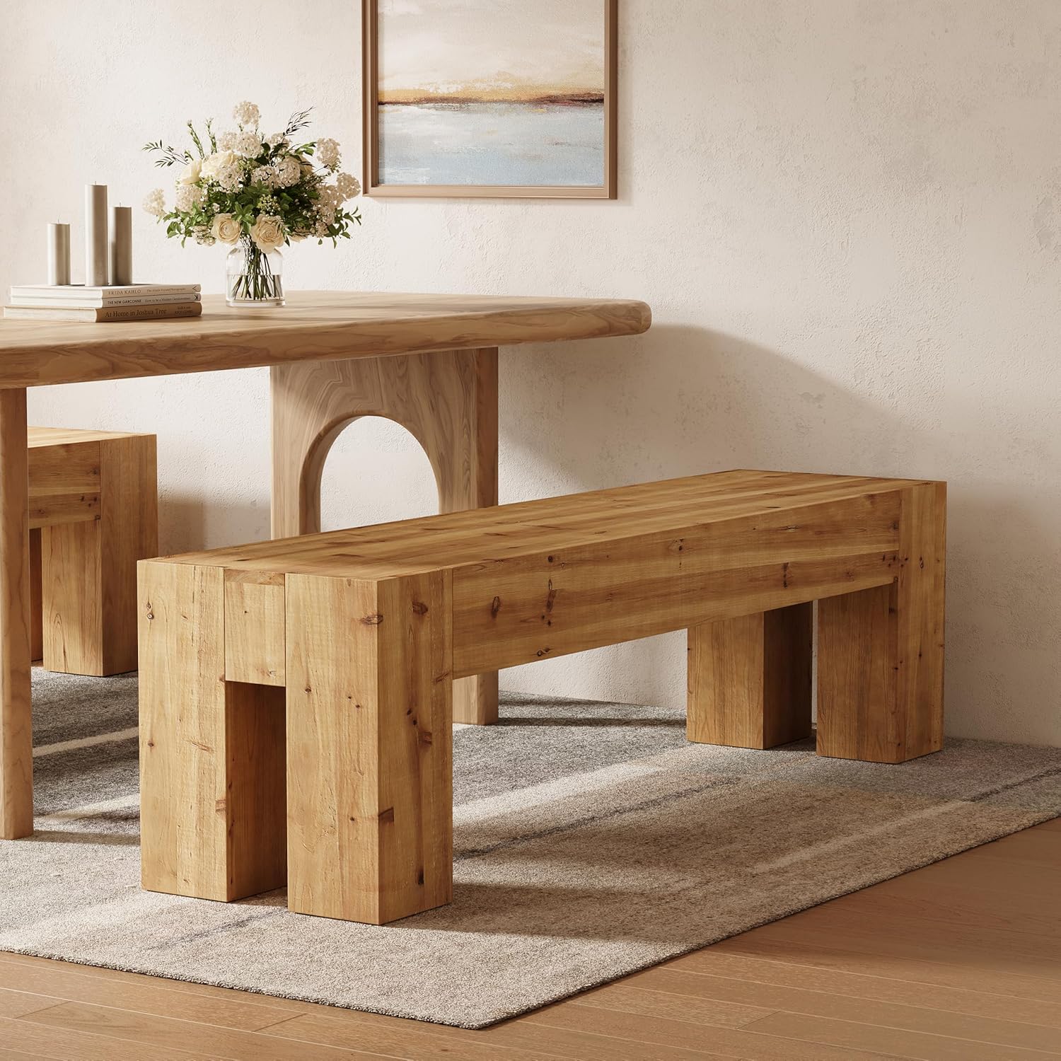 63" Long Dining Bench, Wood Kitchen Table Bench with Sturdy Frame