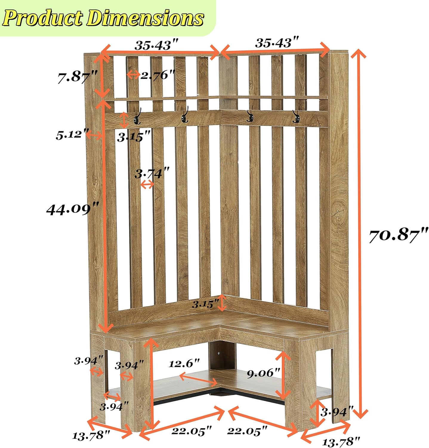70.8" L-Shaped Coat Rack, Corner Hall Tree with 4 Hooks & Shoe Storage
