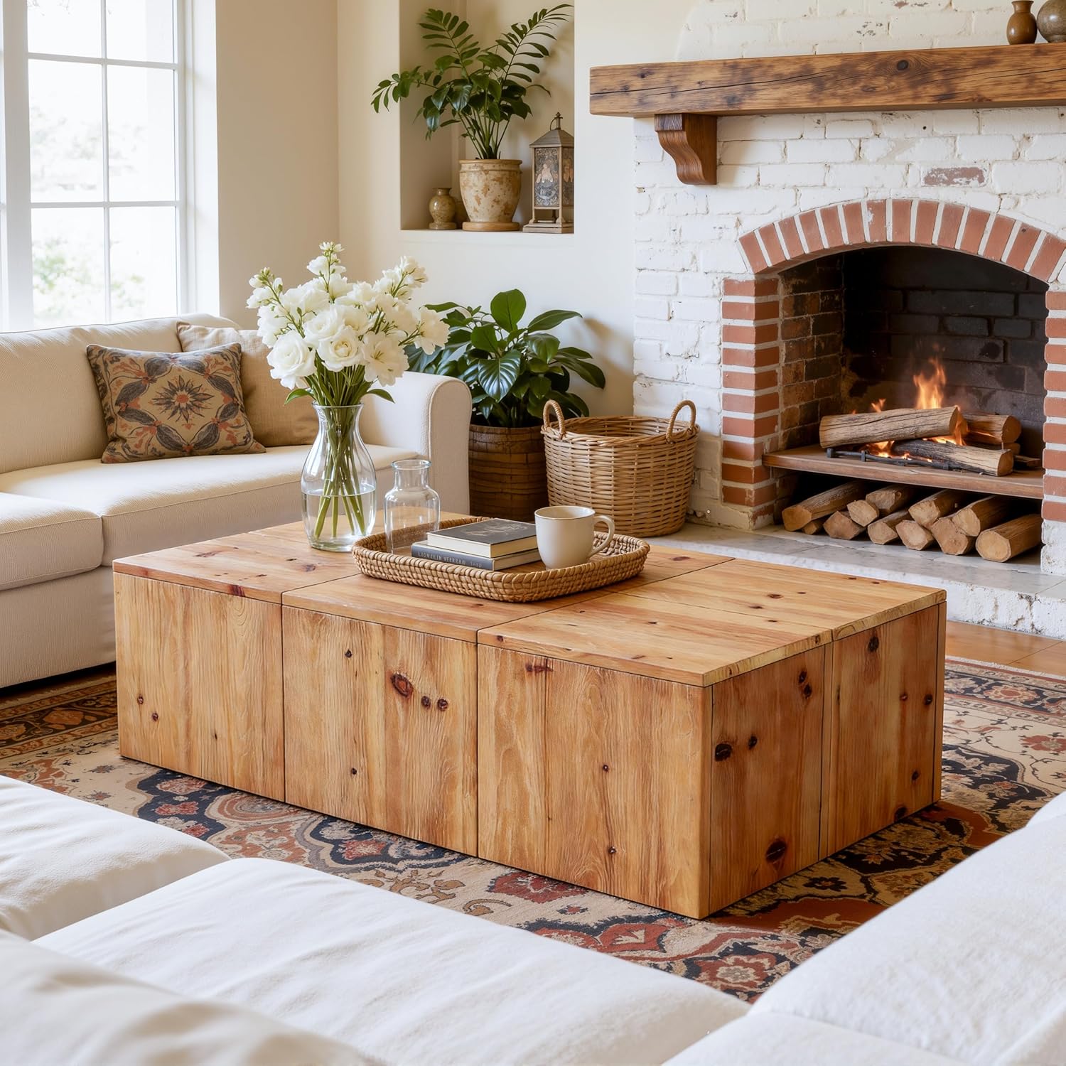 47" Rectangle Coffee Table, Solid Wood Center Table with Natural Wood Grain