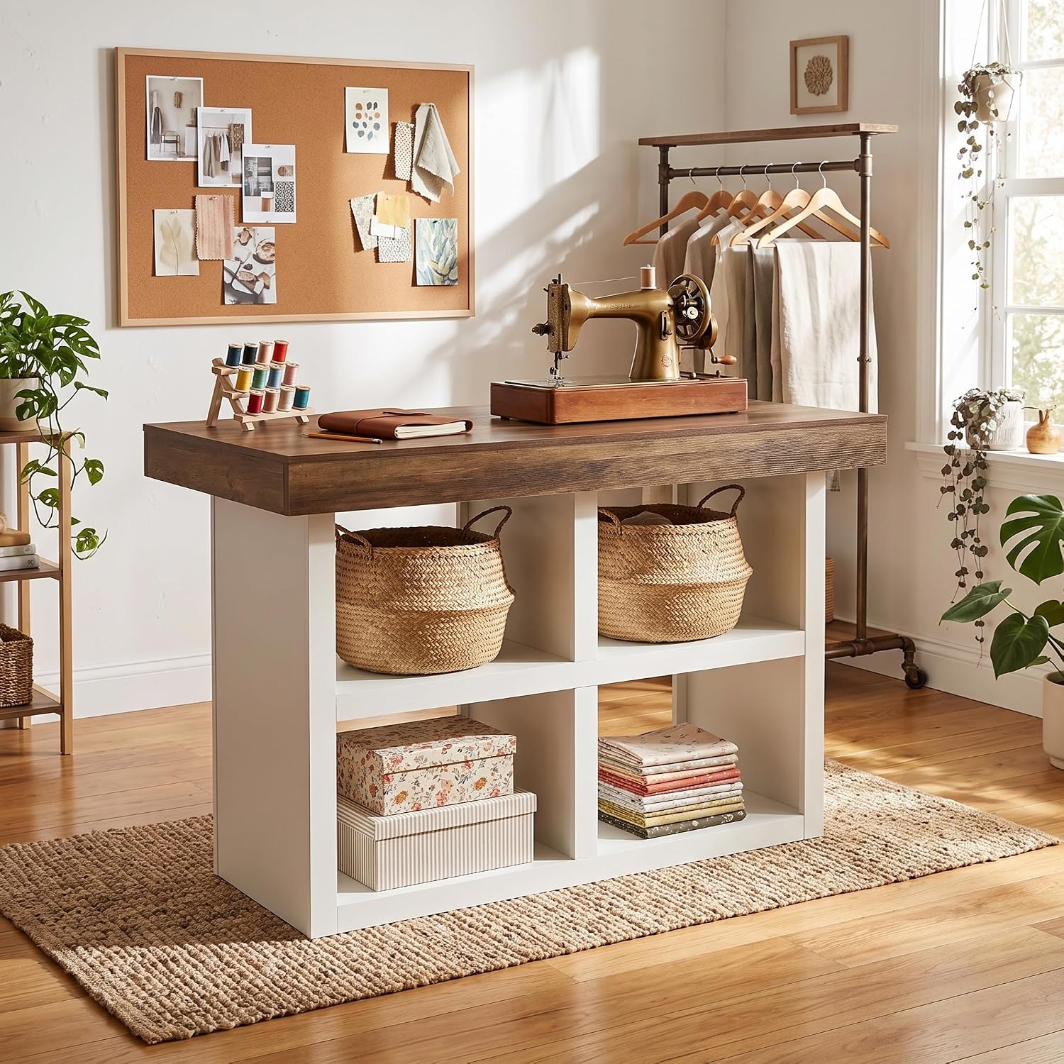 55" Sewing Cabinet Table, 4 Open Compartments, Counter Height Art Craft Storage Desk