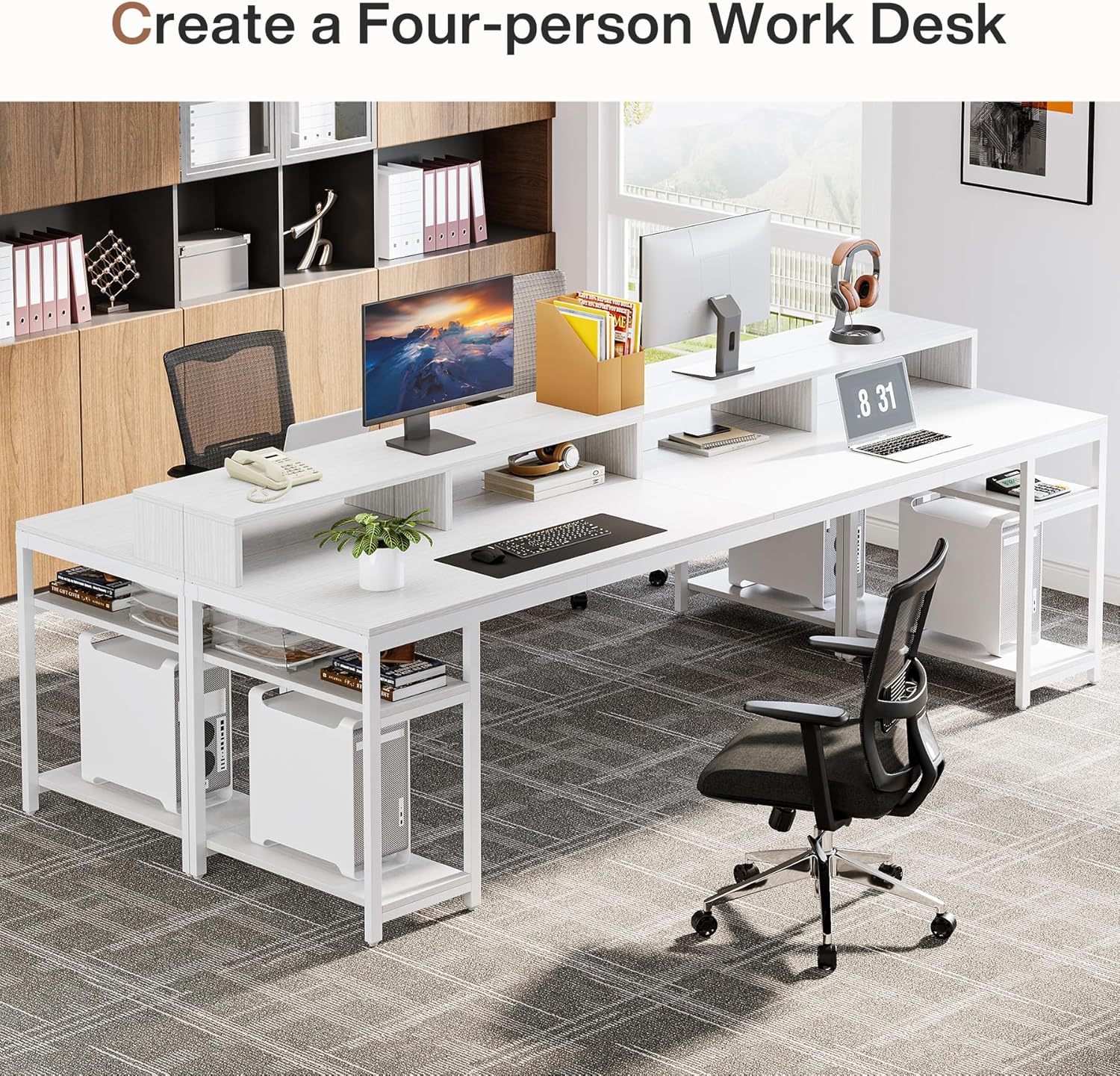 78.74" Extra Long Two Person Desk, Double Computer Desk with Storage Shelves