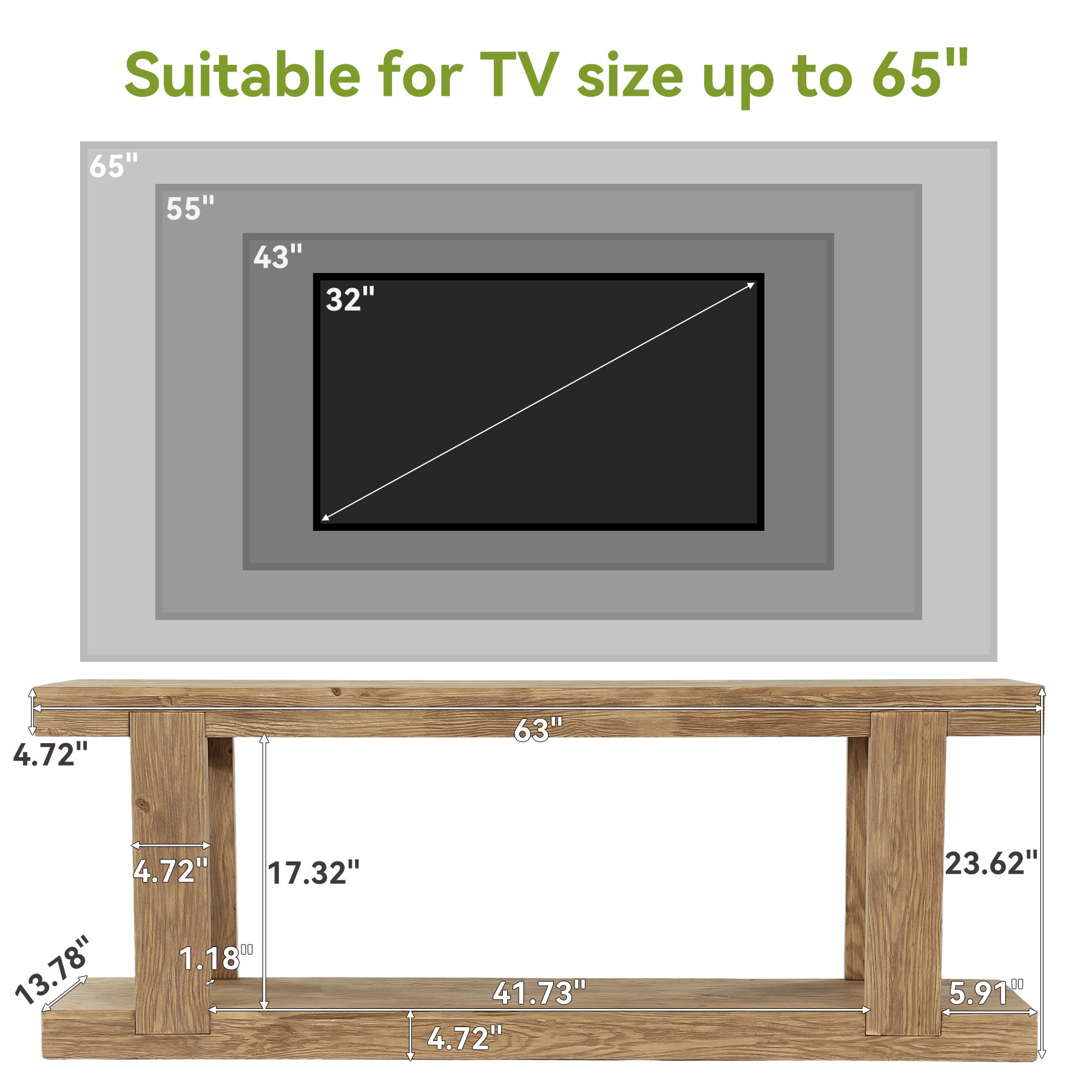 Solid Wood TV Stand for up to 65" TVs, Rustic Media Console Table with Open Storage Space