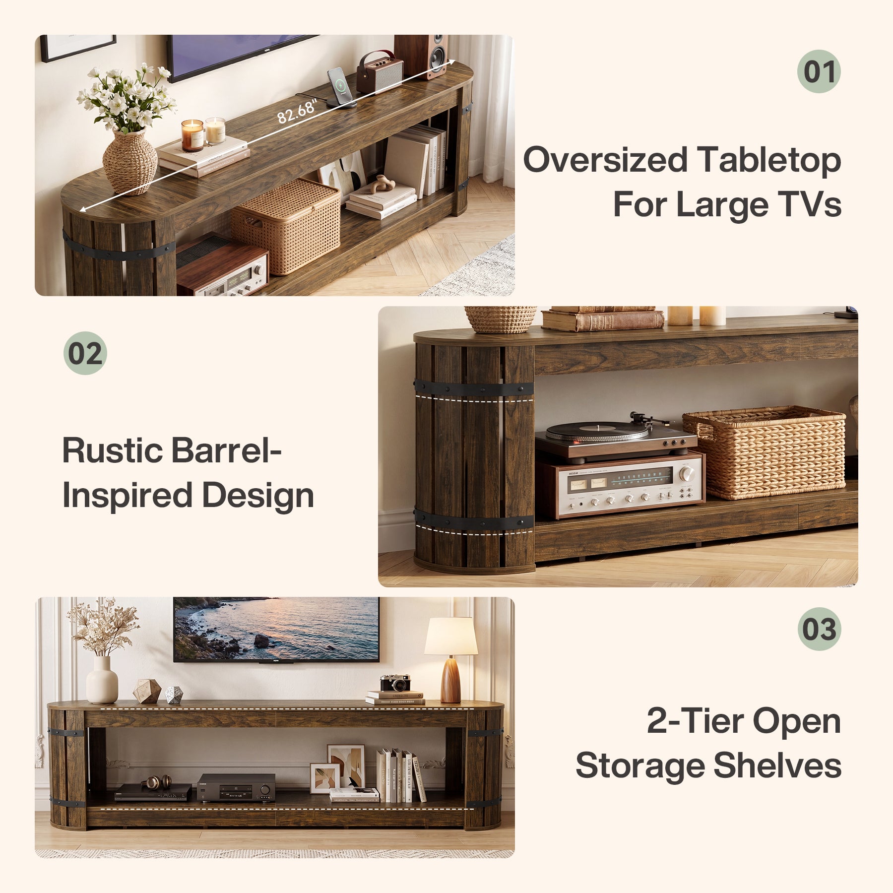 82.68" TV Stand for TVs up to 90", Long Media Console with 2-Tier Storage