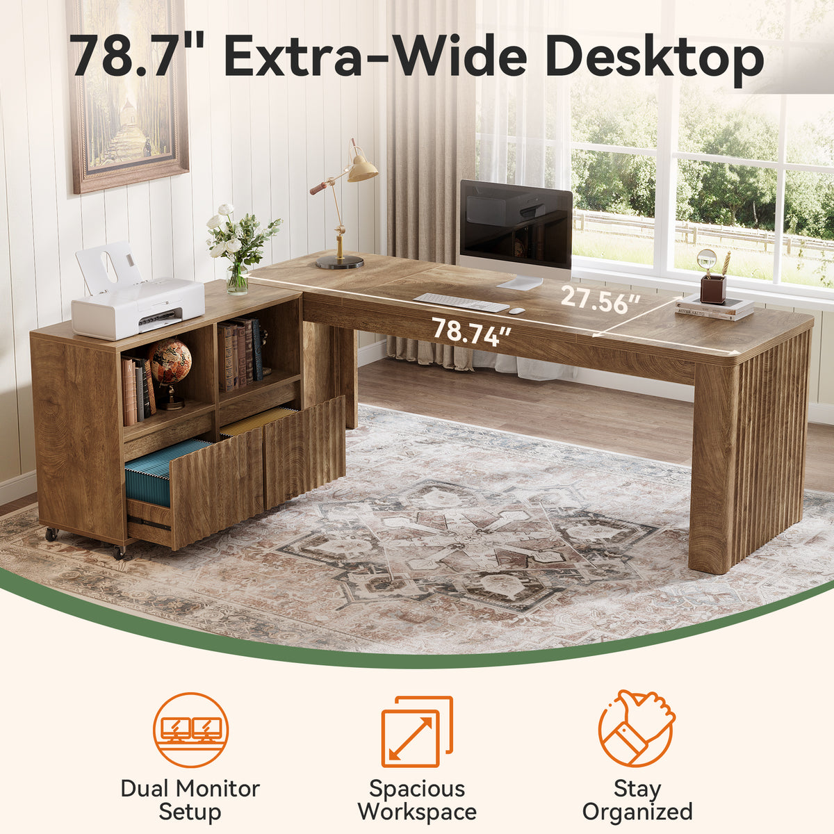 79" L-Shaped Executive Desk with Mobile File Cabinet, Modern Home Office Desk