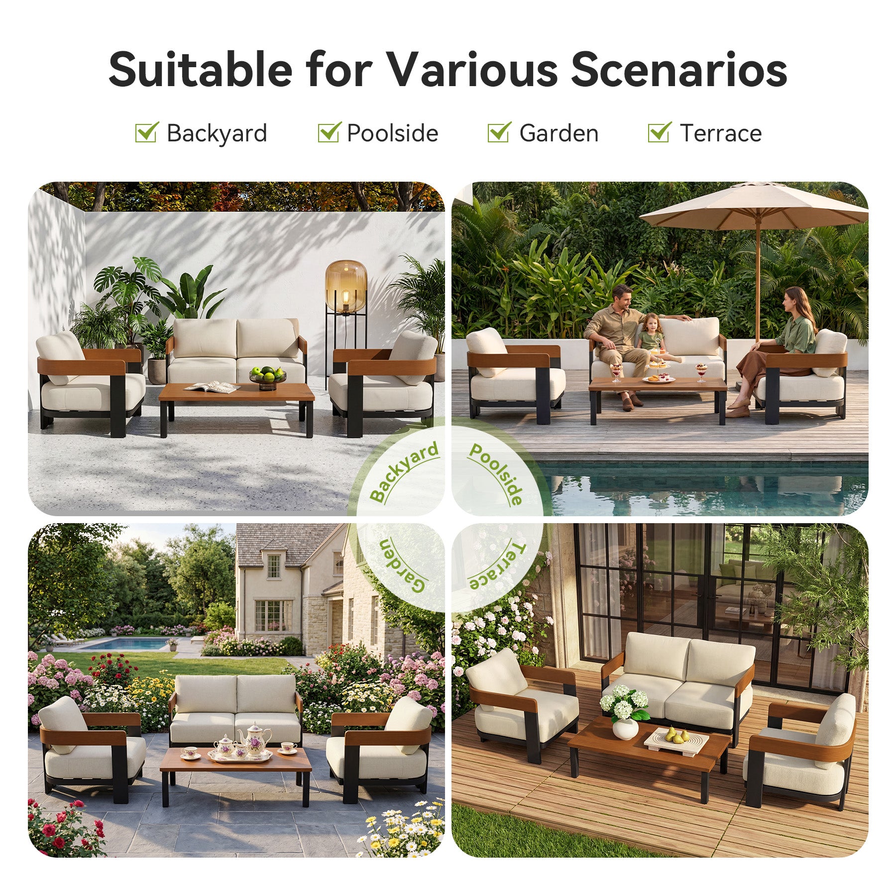 4-Piece Patio Conversation Set, 4 Seats Outdoor Sectional with Coffee Table