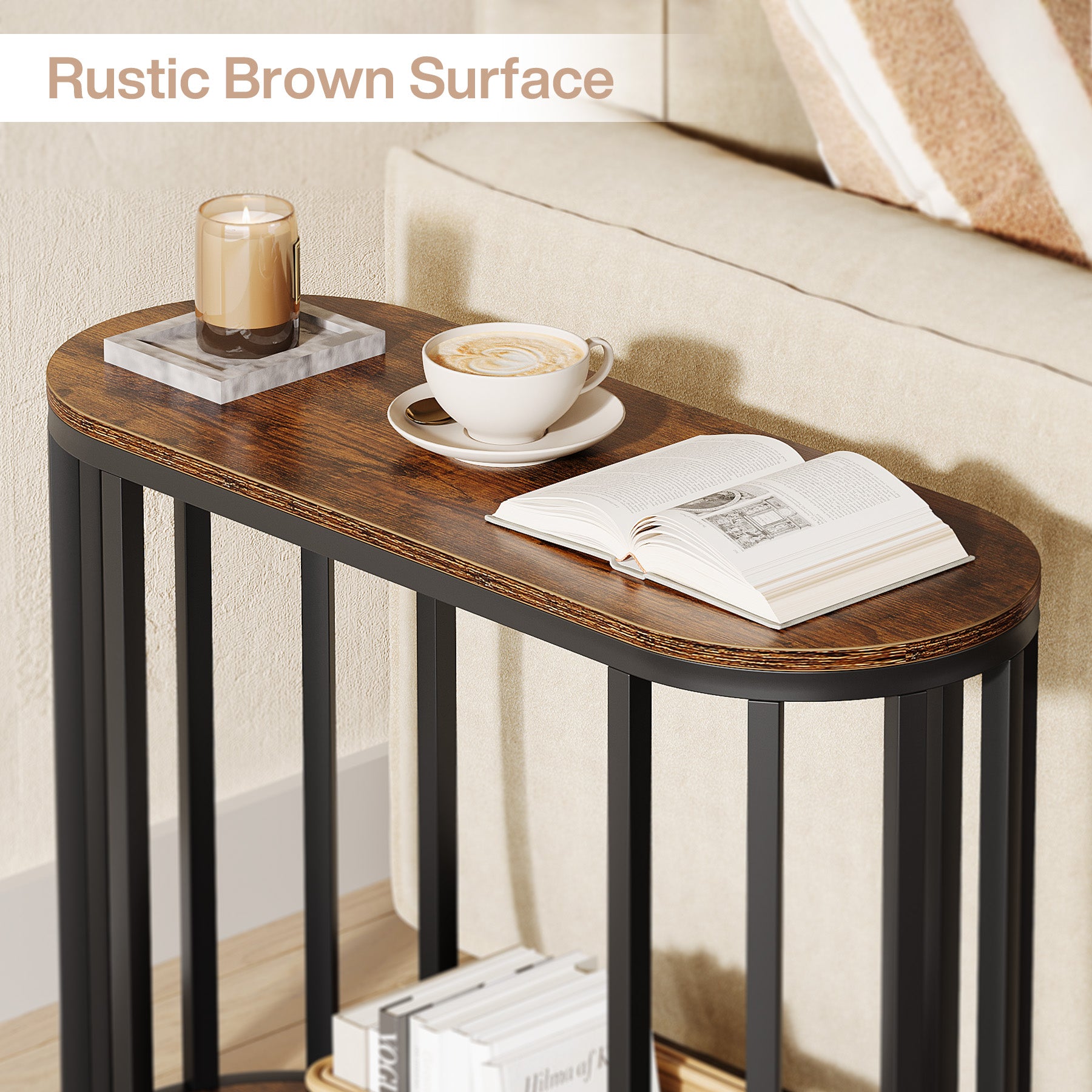 Narrow End Table with Storage, 2-Tier Industrial Side Table with Metal Frame