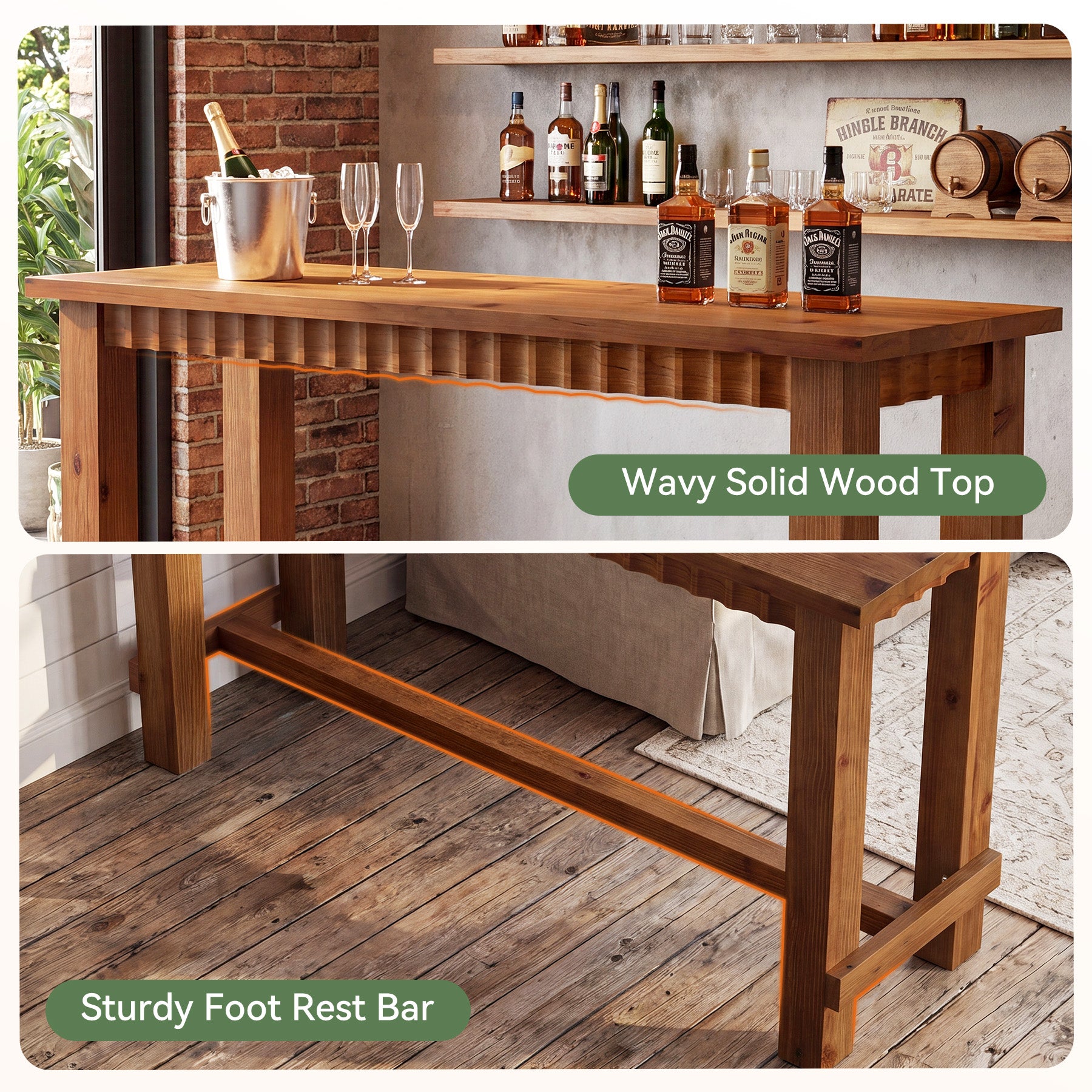 63" Solid Wood Bar Table, Rectangular Counter Height Pub Table with Footrest