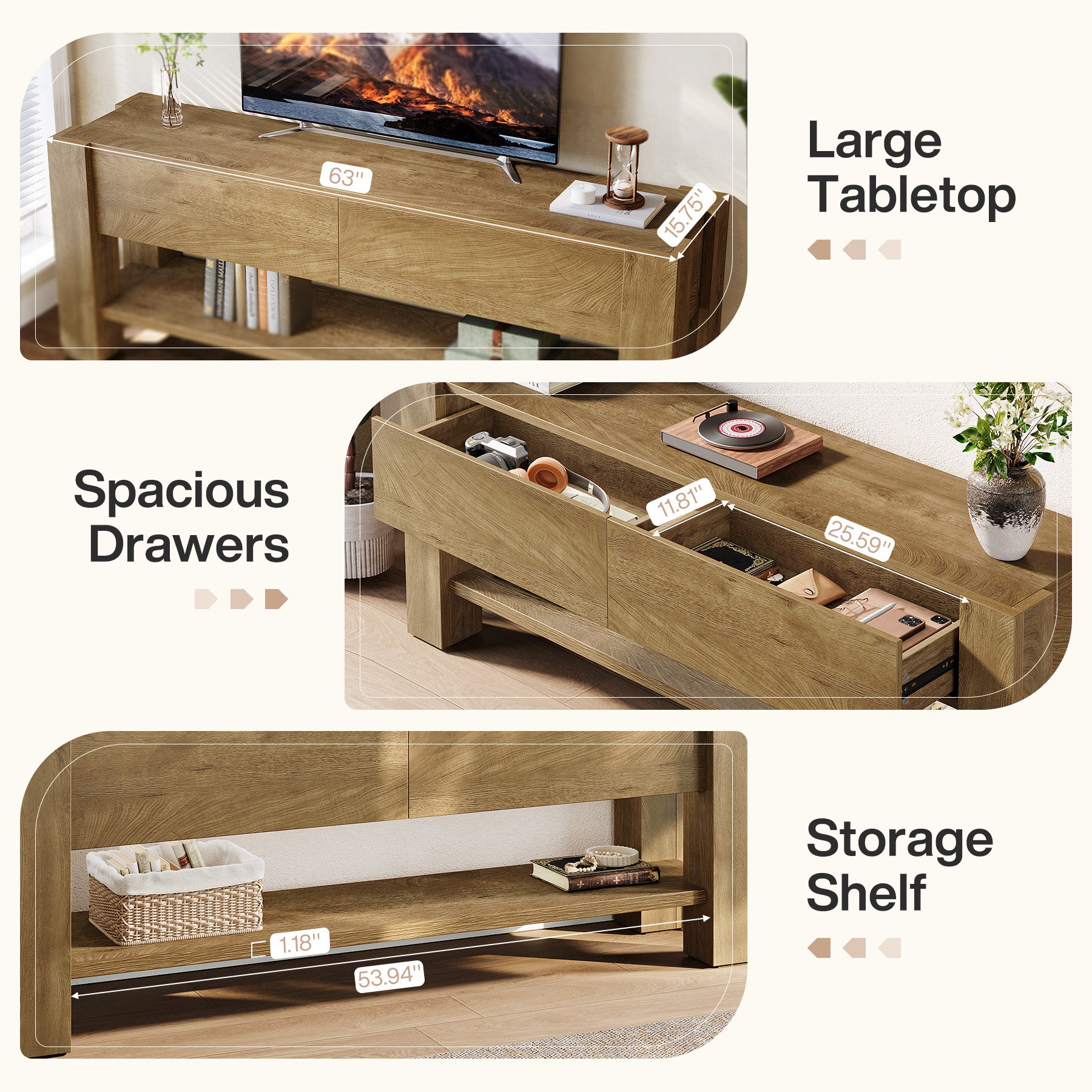 63" TV Stand for TVs up to 75", Entertainment Center with 2 Drawers & Shelves