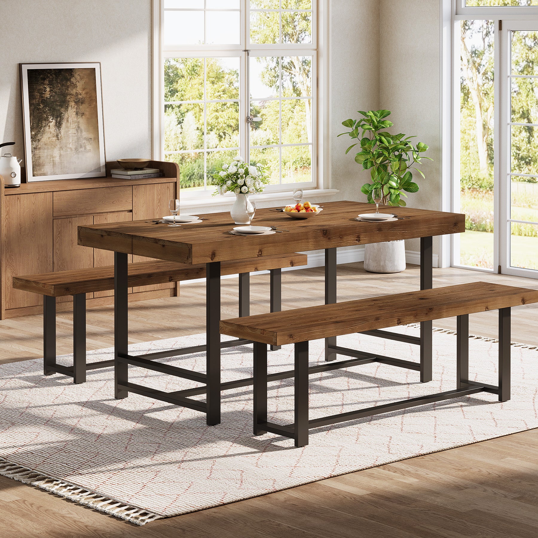 55" Dining Table Set, Solid Wood 3-Piece Rectangle Dinette Set with 2 Benches