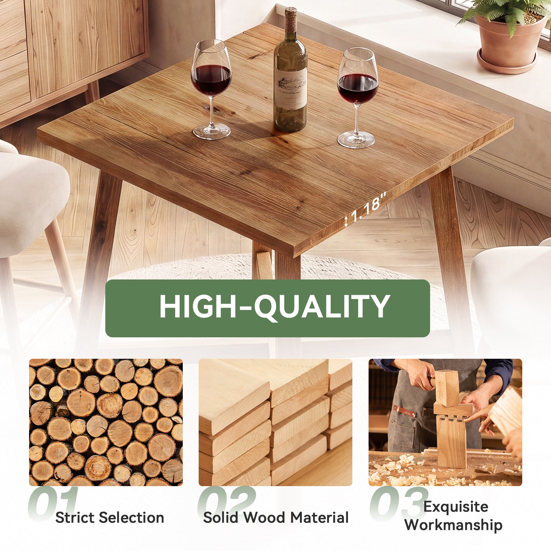 Solid Wood Bar Table, 31.5" Square Counter Height Pub Bistro Table with Footrest