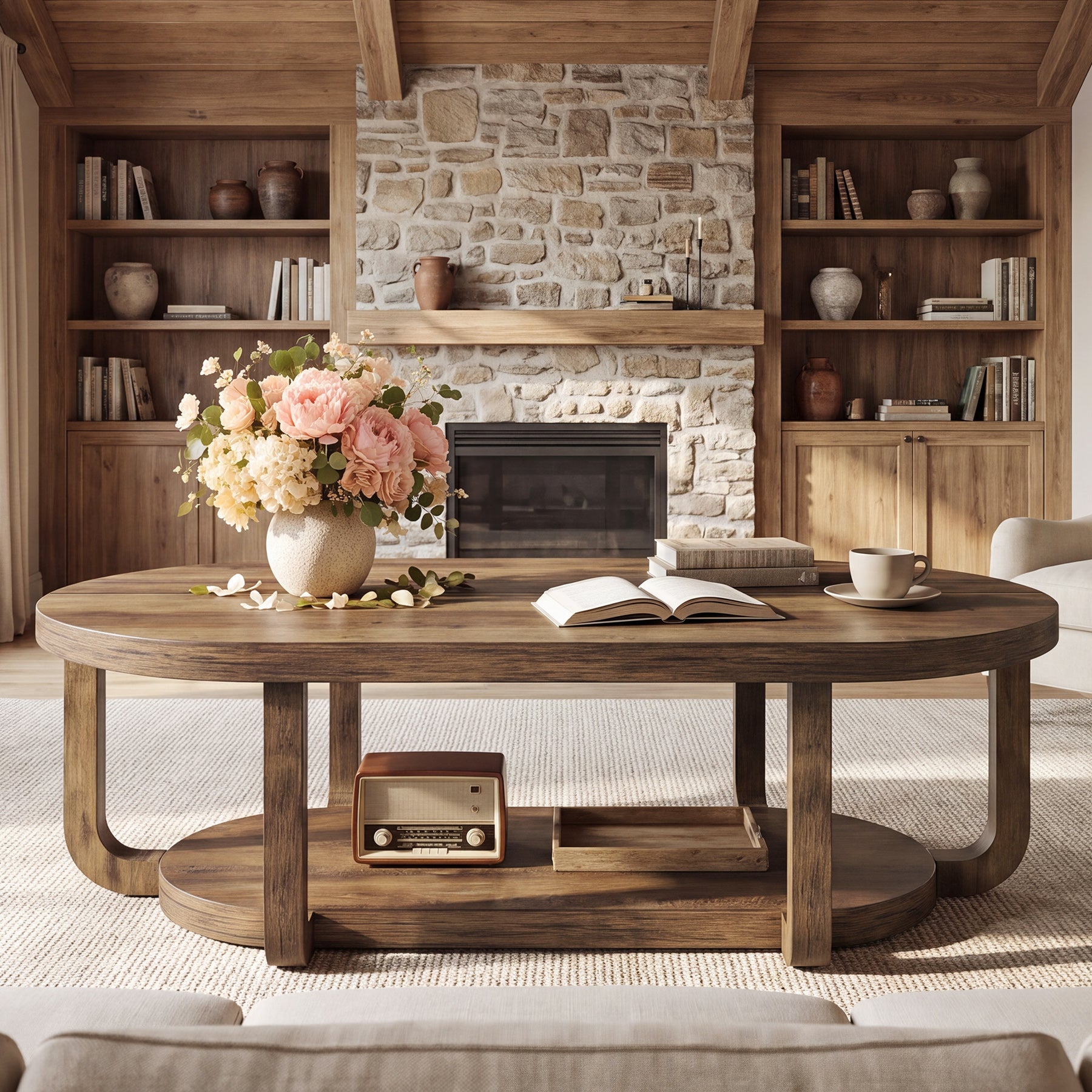 55-Inch Oval Coffee Table with 2-Tier Storage, Curved Leg Design for Living Room