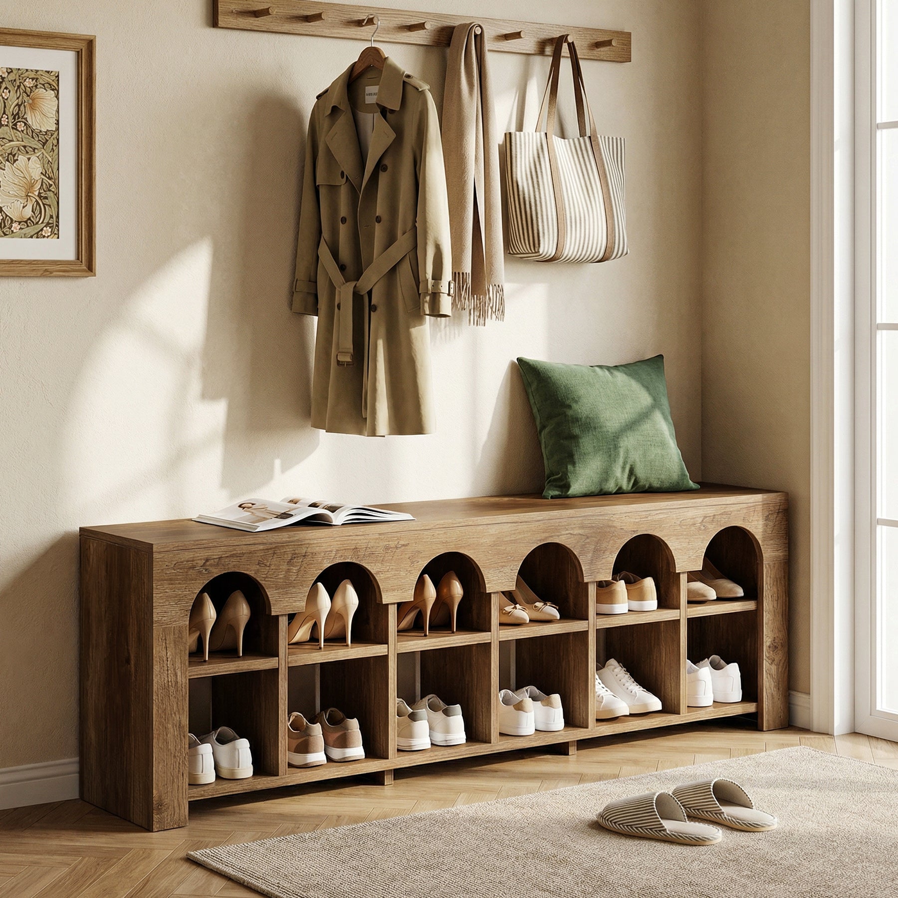 63" Entryway Bench, 2-Tier Narrow Shoe Storage Bench with Arched Cubbies