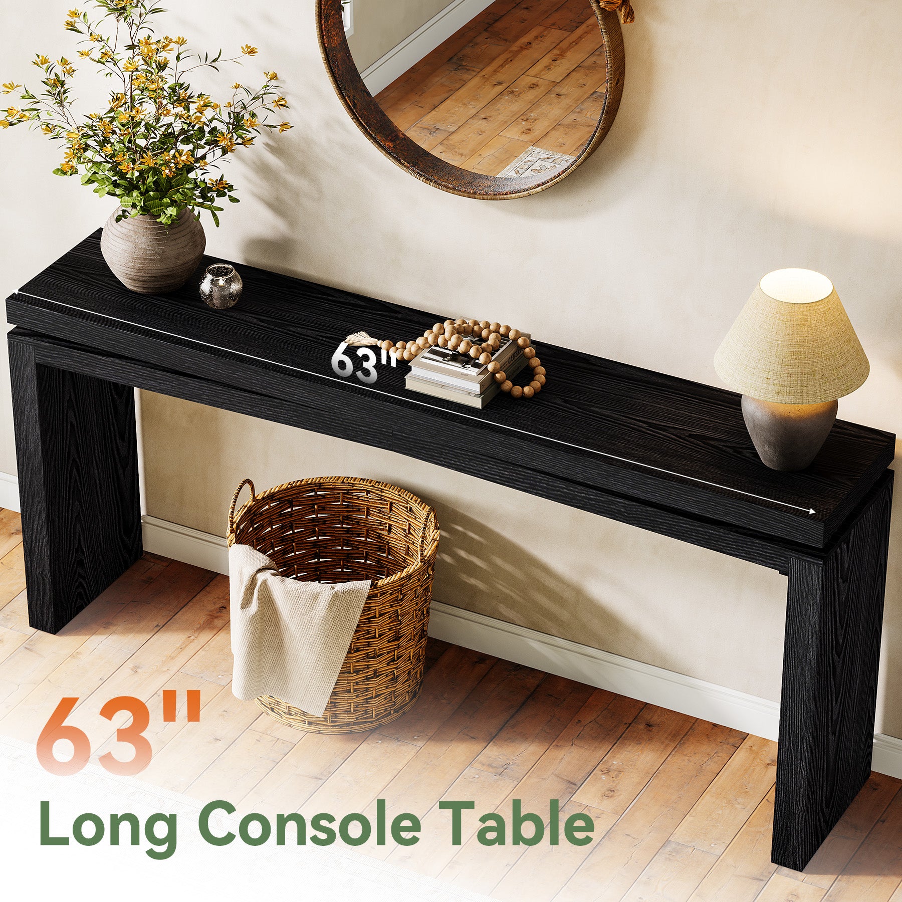 63" Solid Wood Farmhouse Console Table with 2-Tier Shelf, Long Sofa Table for Entryway, Living Room, or Behind Couch