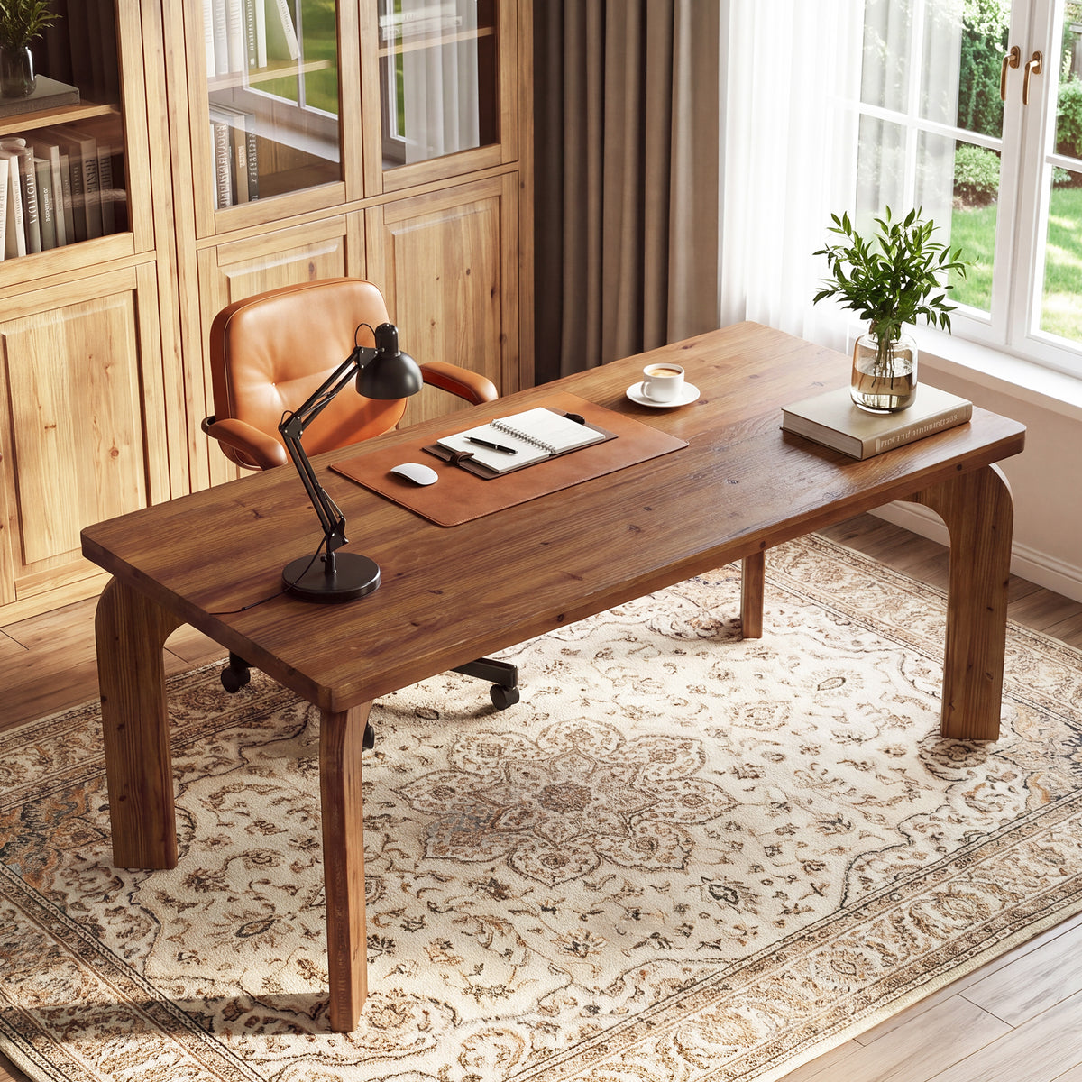 63" Solid Wood Executive Desk with Curved Legs, Rectangular Home Office Desk