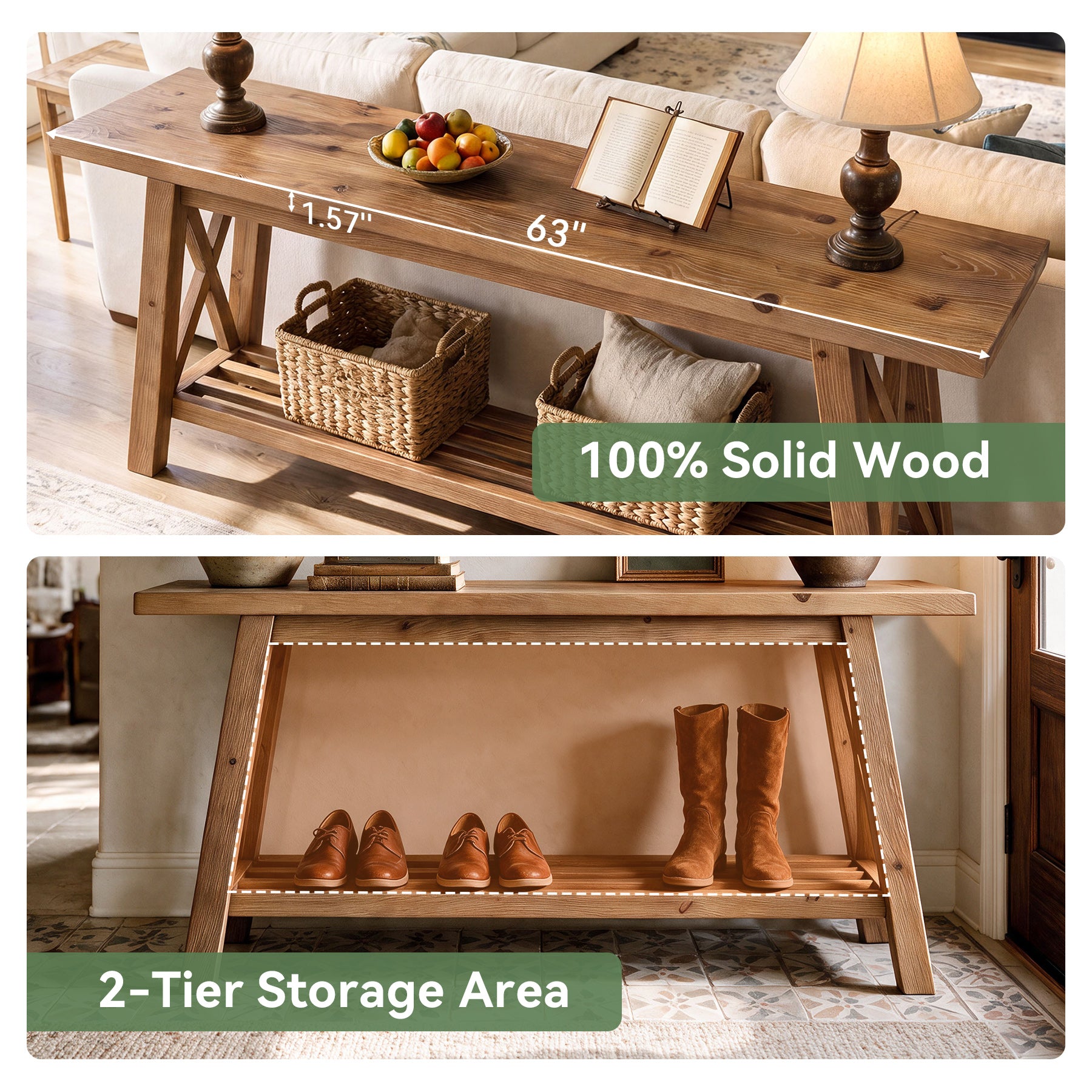 63" Console Table with Storage, Solid Wood X-Brace Sofa Table, 2-Tier Entryway Table